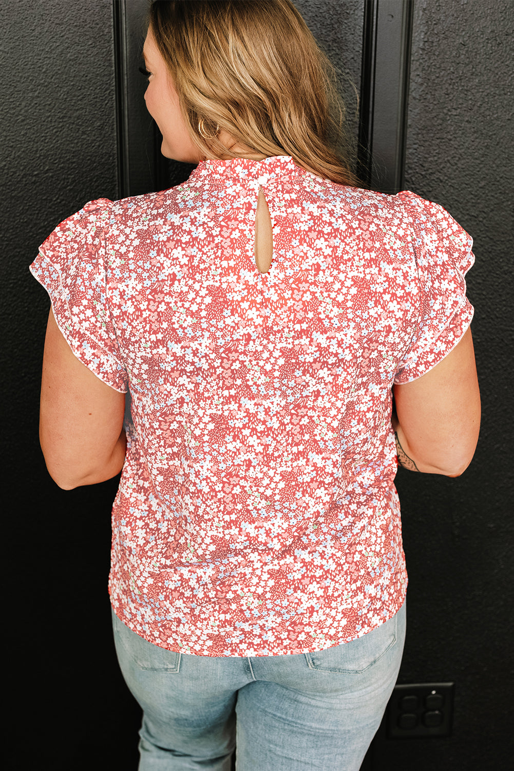 Pink Plus Size Floral Print Ruffled Sleeve Frilled Neck Blouse 🇺🇸