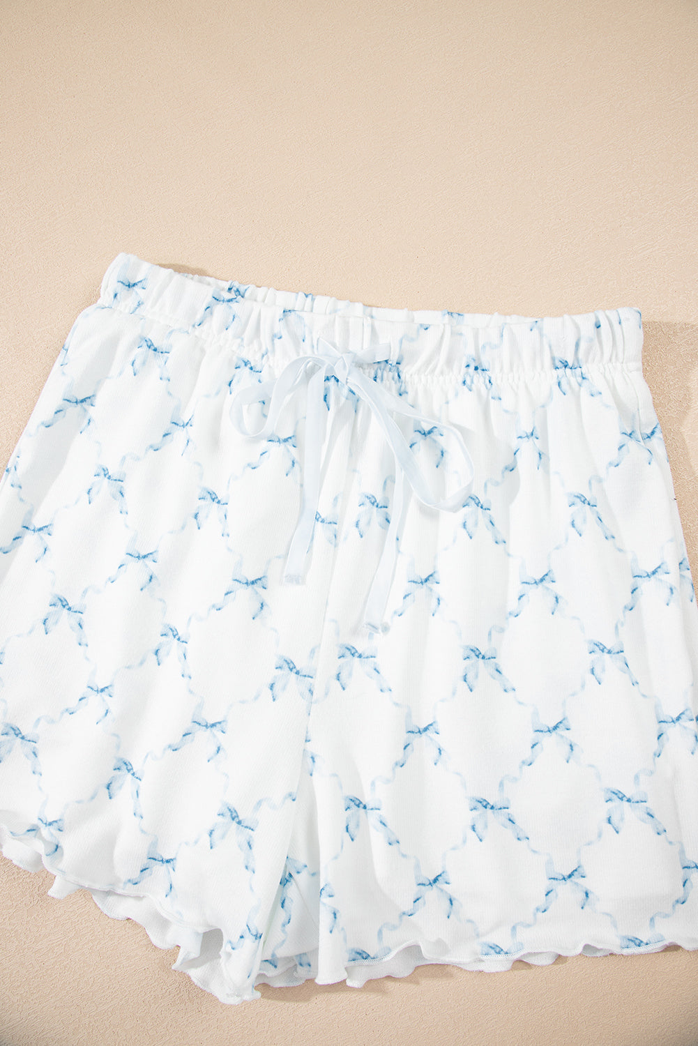 Sky Blue Bow Knot Geometric Print Lettuce Trim Two Piece Lounge Set 🇨🇳