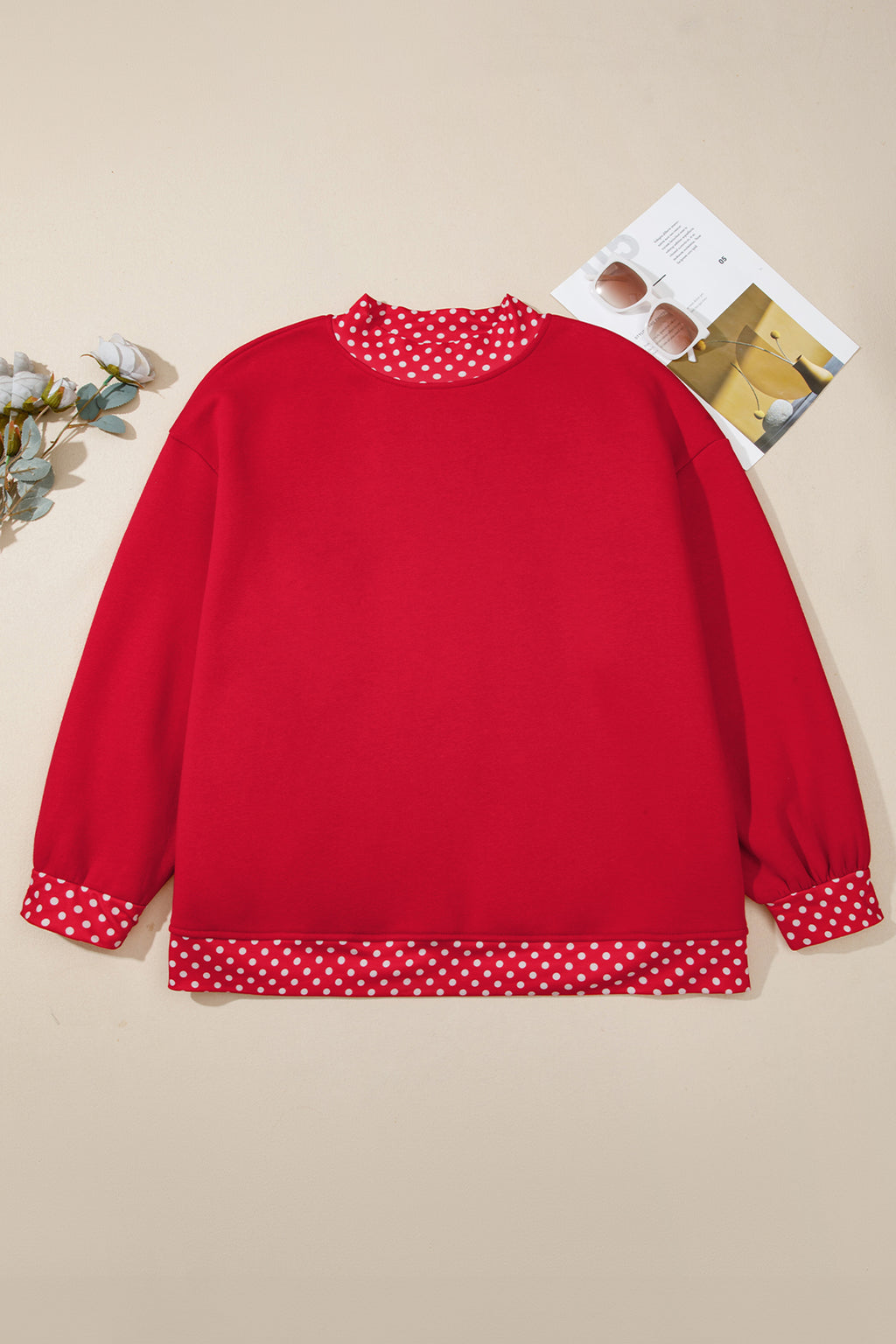 Red Polka Dot Patchwork Round Neck Plus Size Sweatshirt 🇺🇸