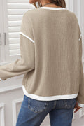 Beige Contrast Color Trim Knit Drop Shoulder Loose Top 🇺🇸