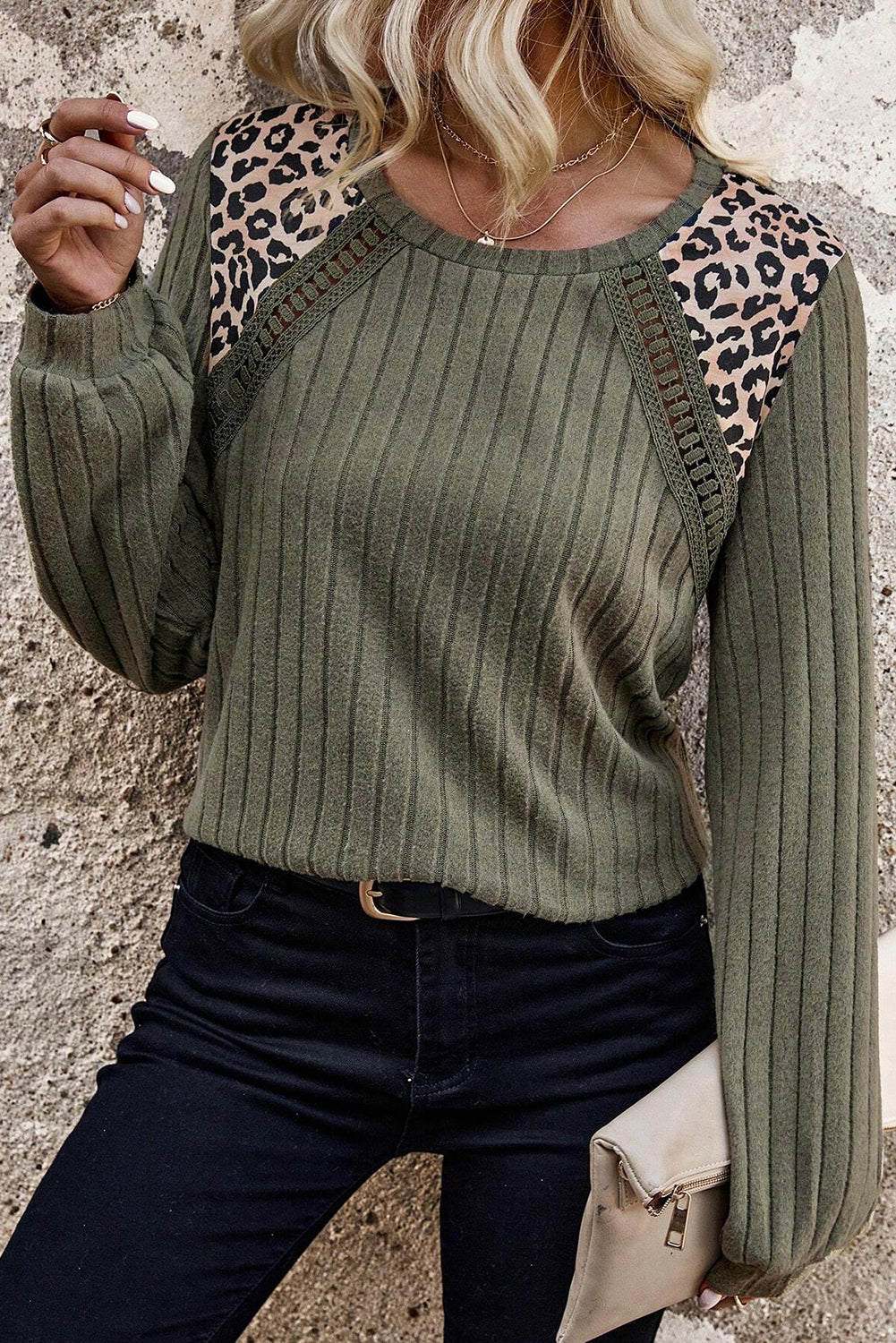 Moss Green Leopard Print Crochet Patchwork Rib Textured Knit Top 🇺🇲
