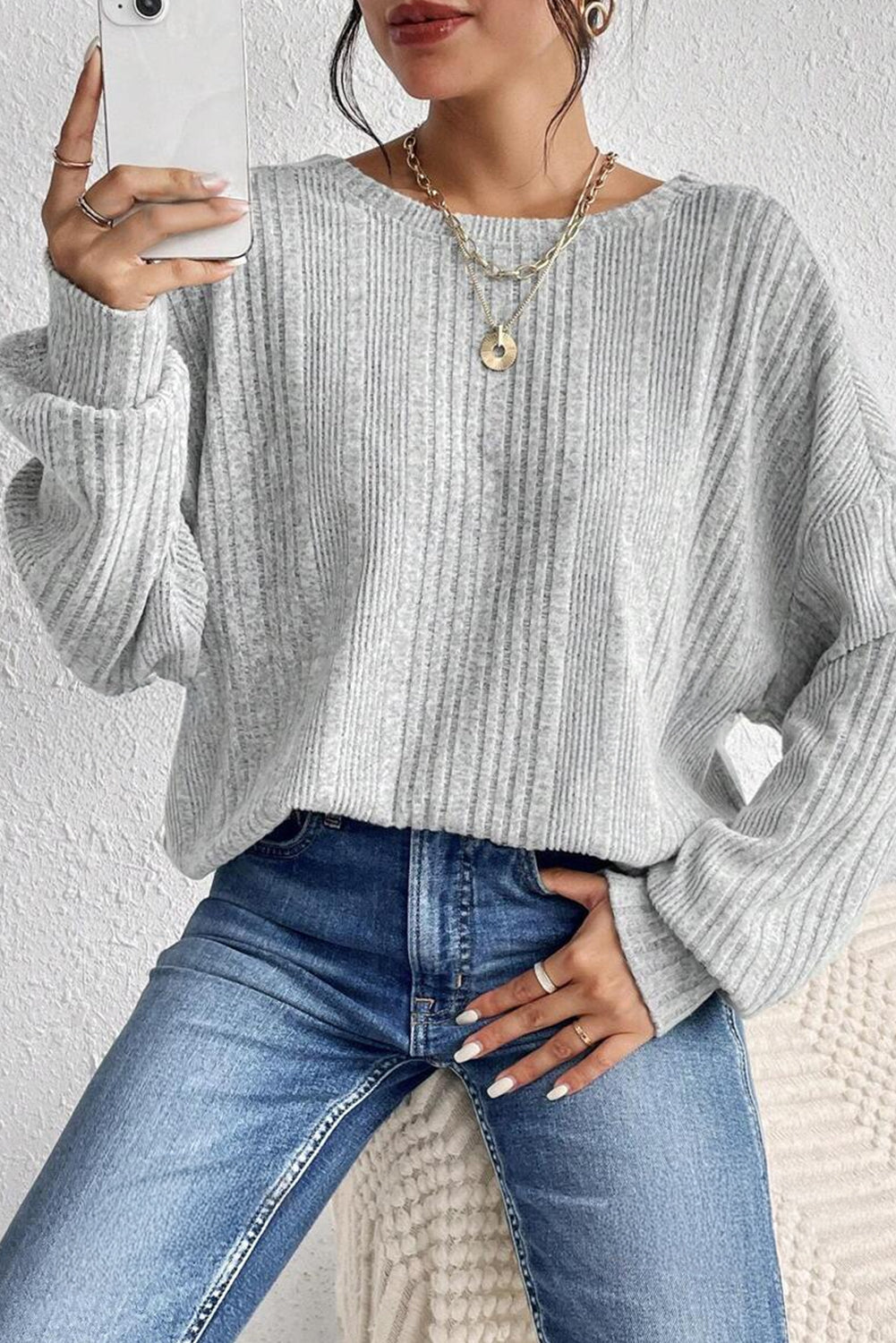 Light Grey Textured Crossover Backless Knit Long Sleeve Top 🇺🇲