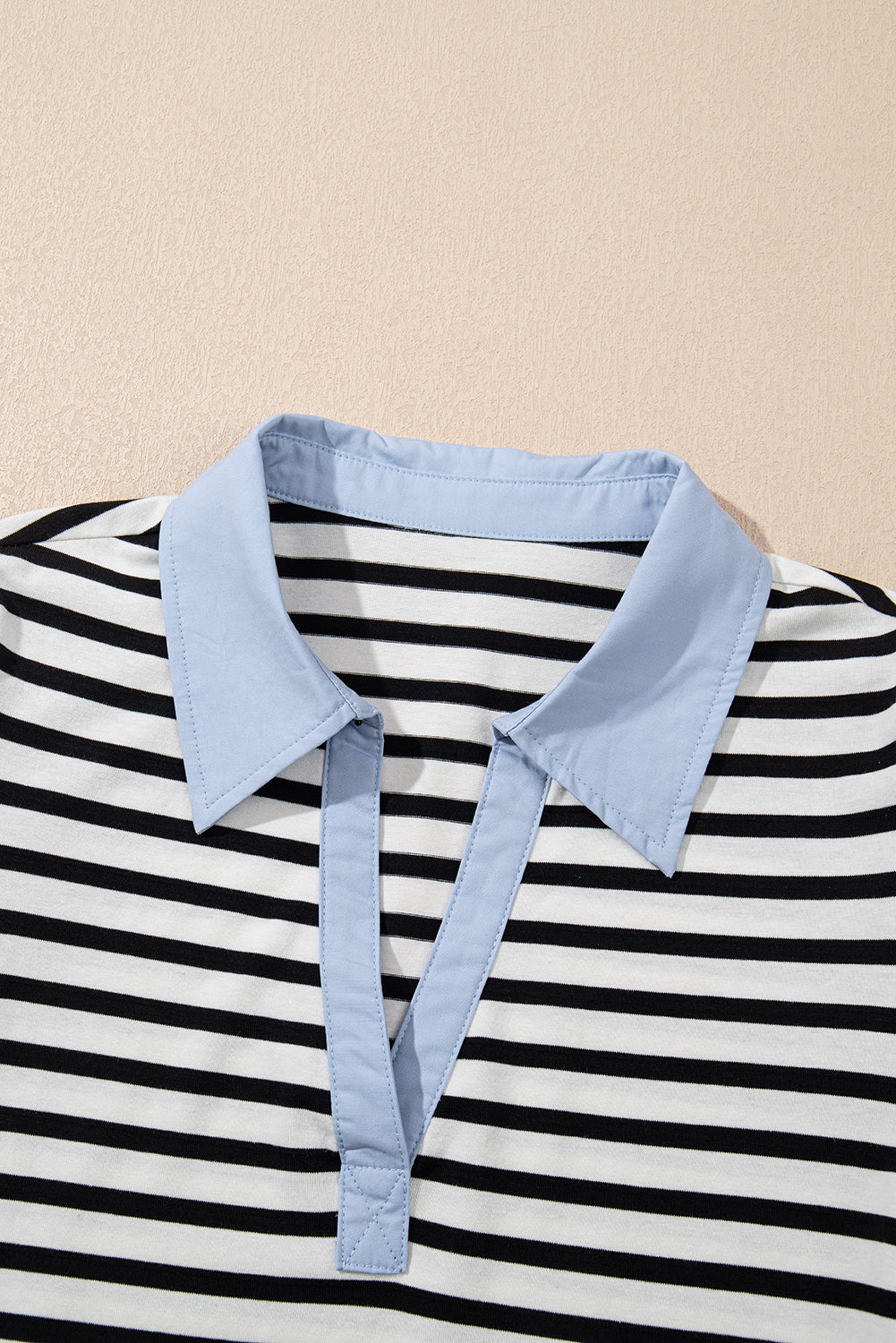 Black Stripe Contrast V Neck Collared Puff Sleeve T Shirt Mini Dress with Pockets 🇨🇳