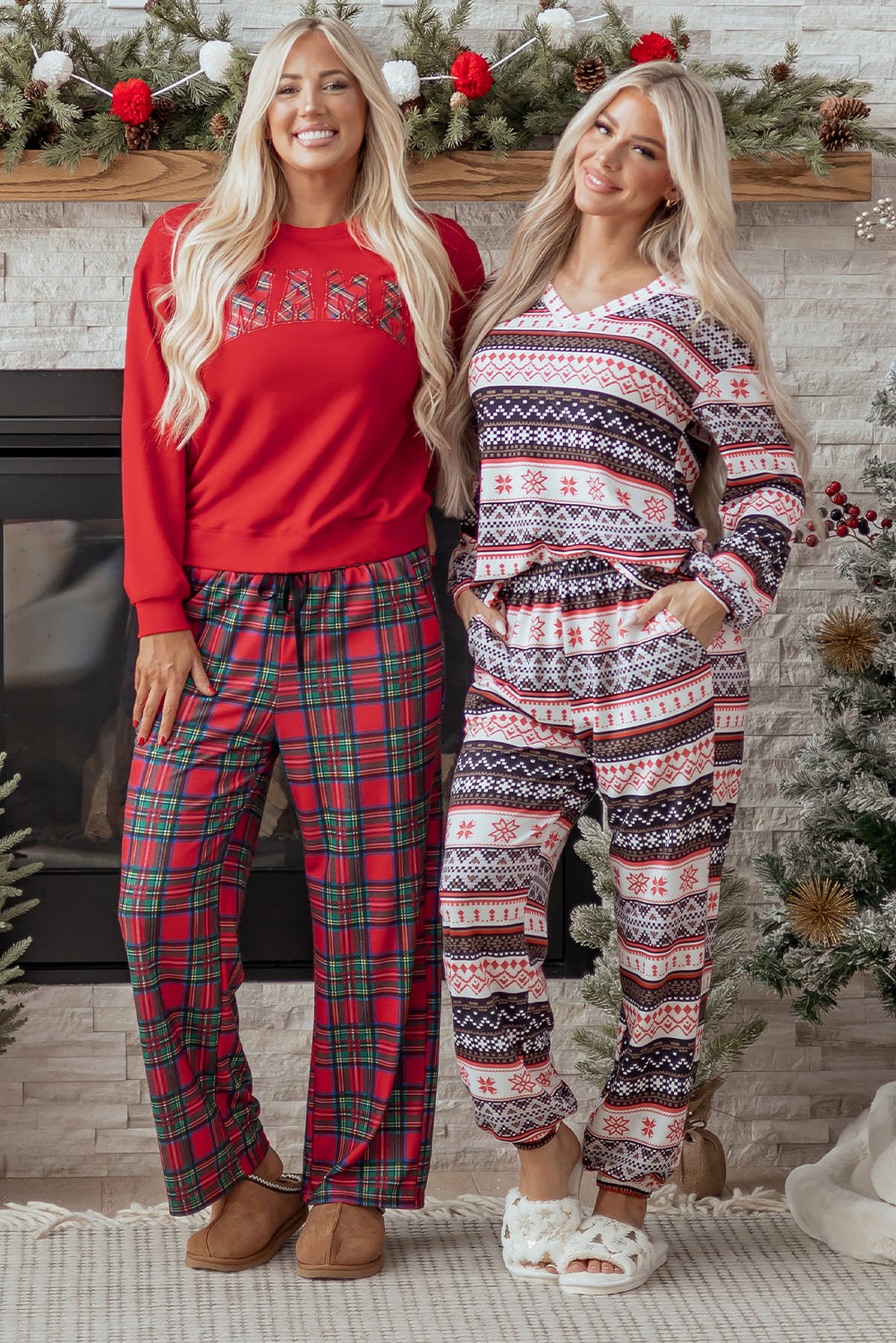 Red Plaid Mama Graphic Christmas Holiday Crewneck Pullover and Pants Two Piece Loungewear 🇺🇸