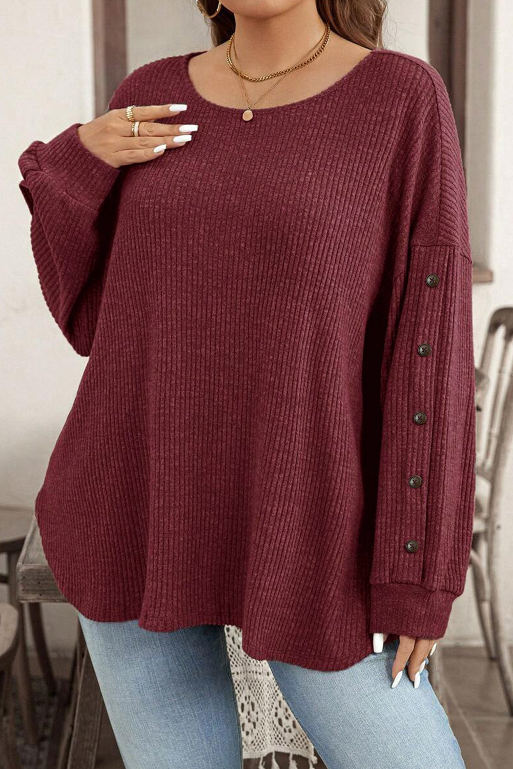 Wild Ginger Plus Size Ribbed Button Decor Long Sleeve Loose Top 🇺🇸