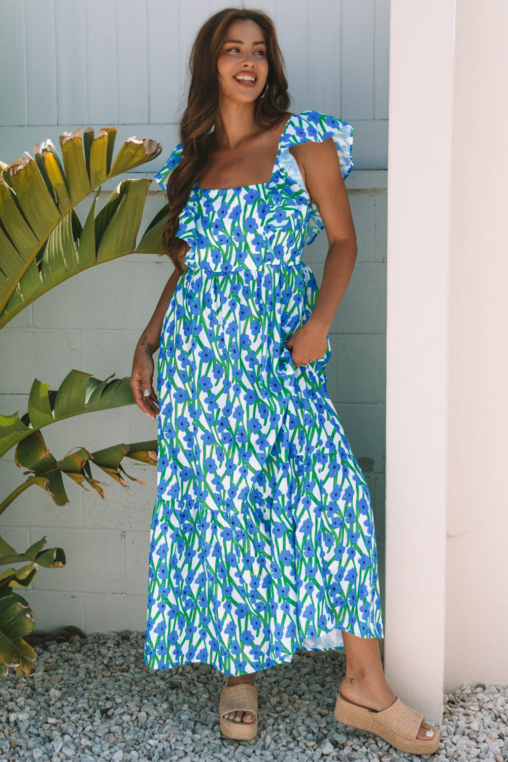 Blue Floral Print Square Neck Ruffled Strap Maxi Dress 🇨🇳