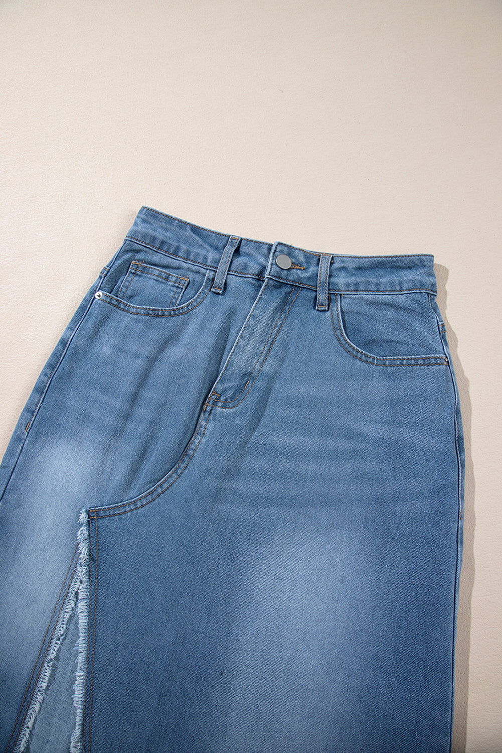 Light Blue Frayed Slit Asymmetric Denim Midi Skirt 🇺🇸