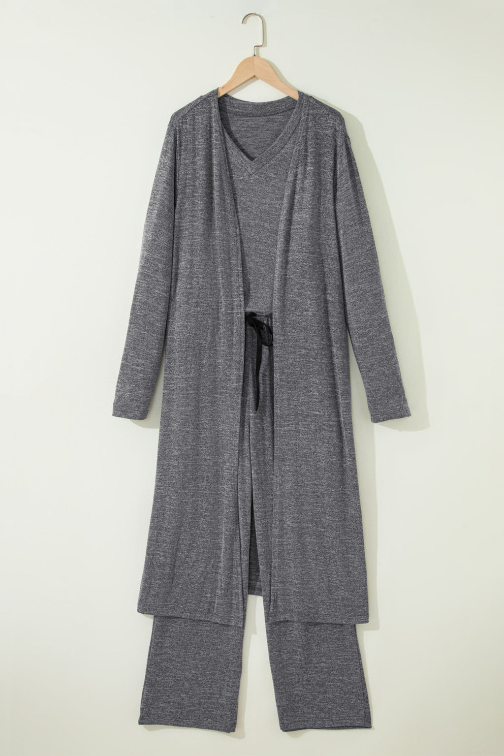 Dark Grey 3pcs V Neck T Shirt Ribbon Knot Pants Open Duster 3pcs Lounge Set 🇺🇸