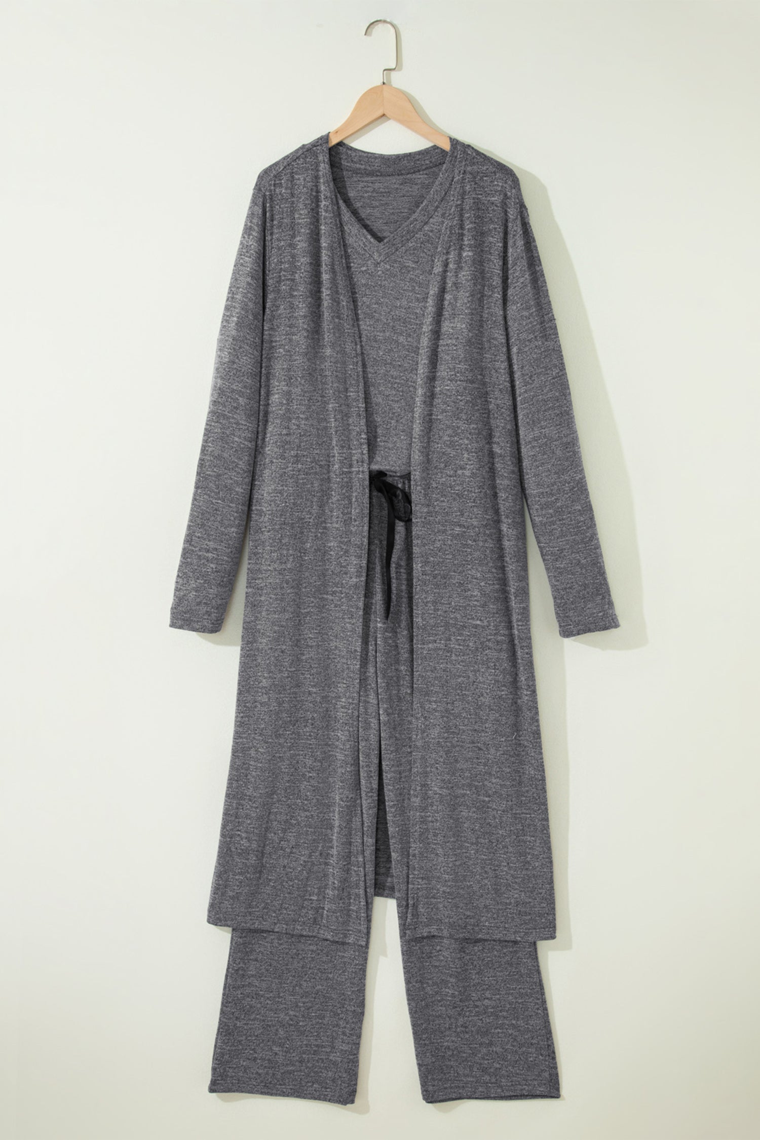 Dark Grey 3pcs V Neck T Shirt Ribbon Knot Pants Open Duster 3pcs Lounge Set 🇺🇸