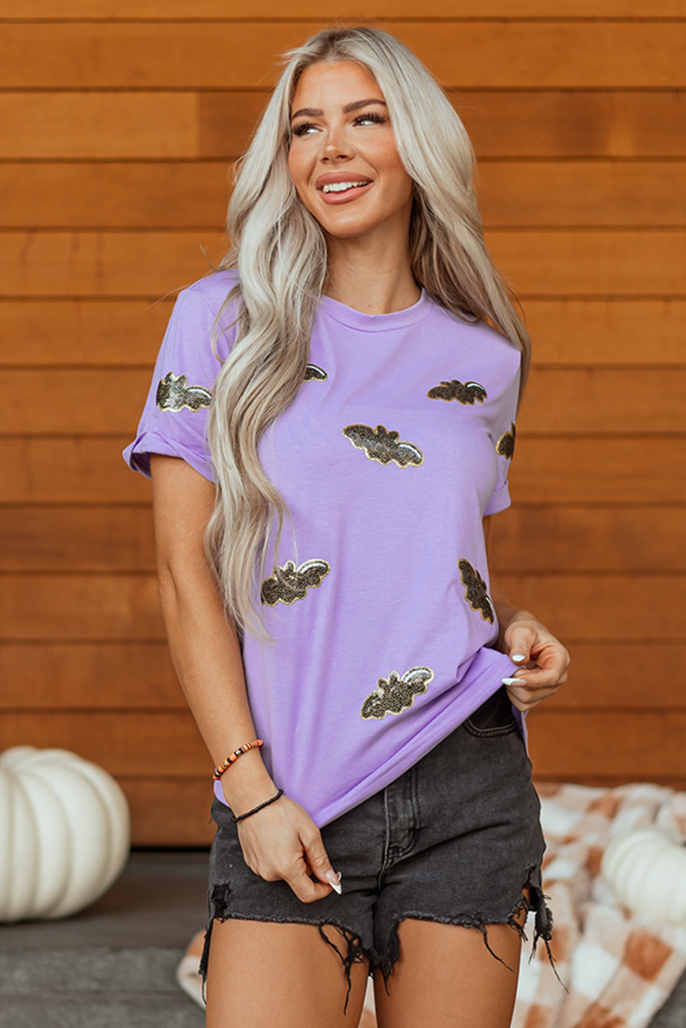 Wisteria Sequin Halloween Bat Patched Casual T Shirt 🇺🇸