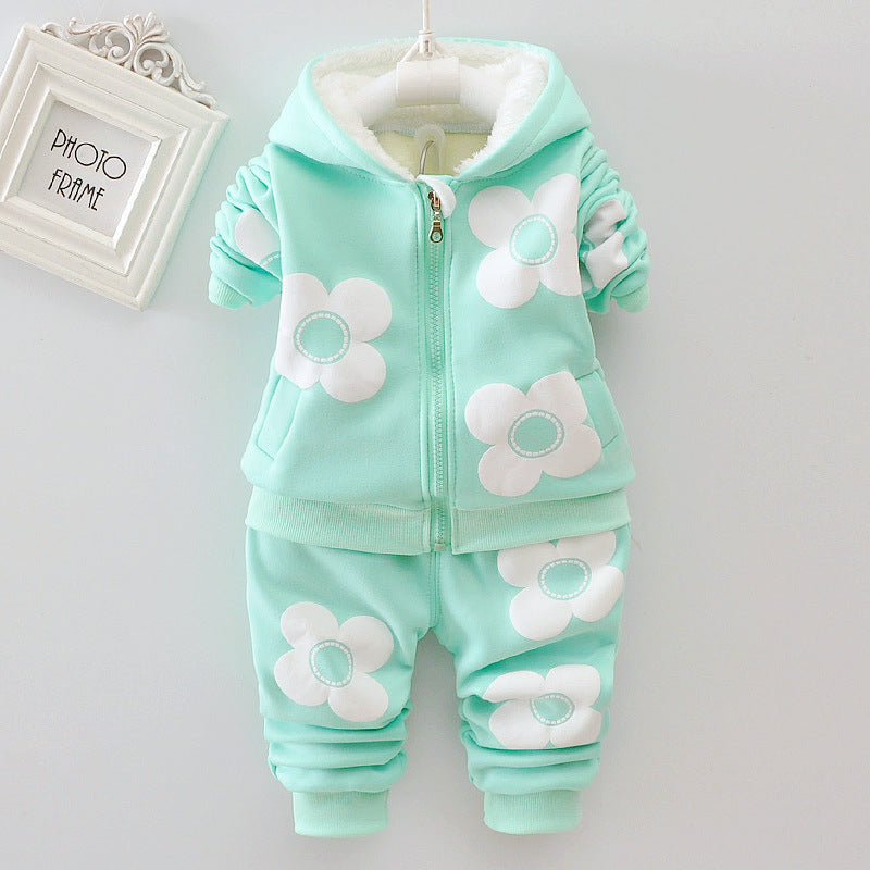 Autumn plus velvet set for girls' outdoor wear, three flower early winter clothing, two-piece set 🇨🇳