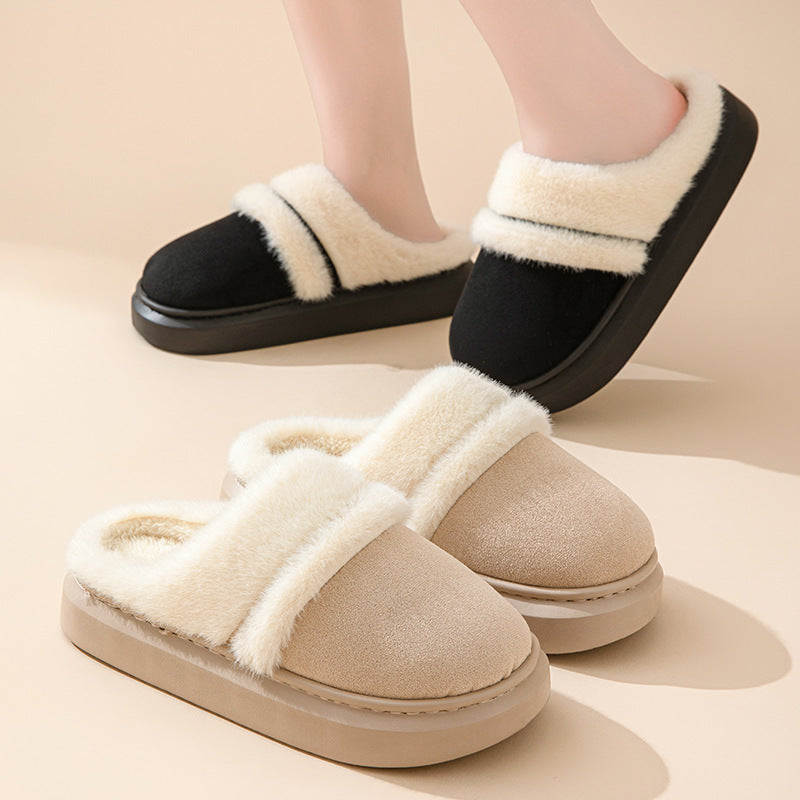 Fashion Warm Cotton Slippers For Women Leisure Thick Bottom Non-slip Plus-velvet House Shoes Winter Bedroom Floor Suede Slipper 🇨🇳