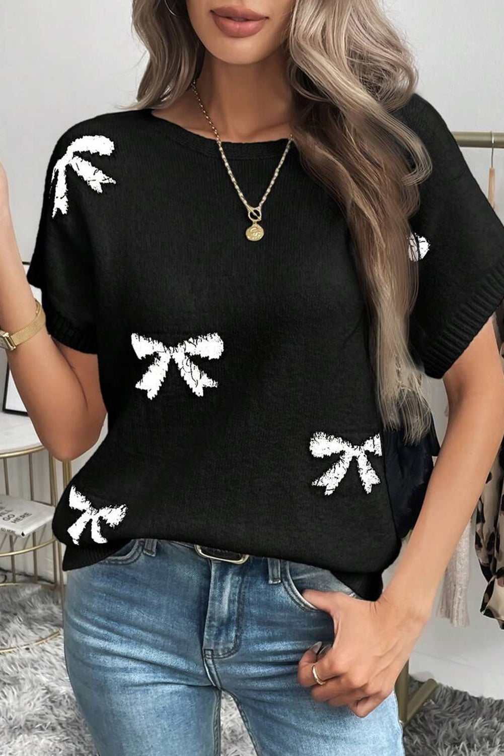 Black Bow Pattern Knit Short Sleeve Sweater 🇺🇲