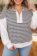 White Stripe Striped Colorblock V Neck Long Sleeve Shift Plus Size Blouse 🇺🇸