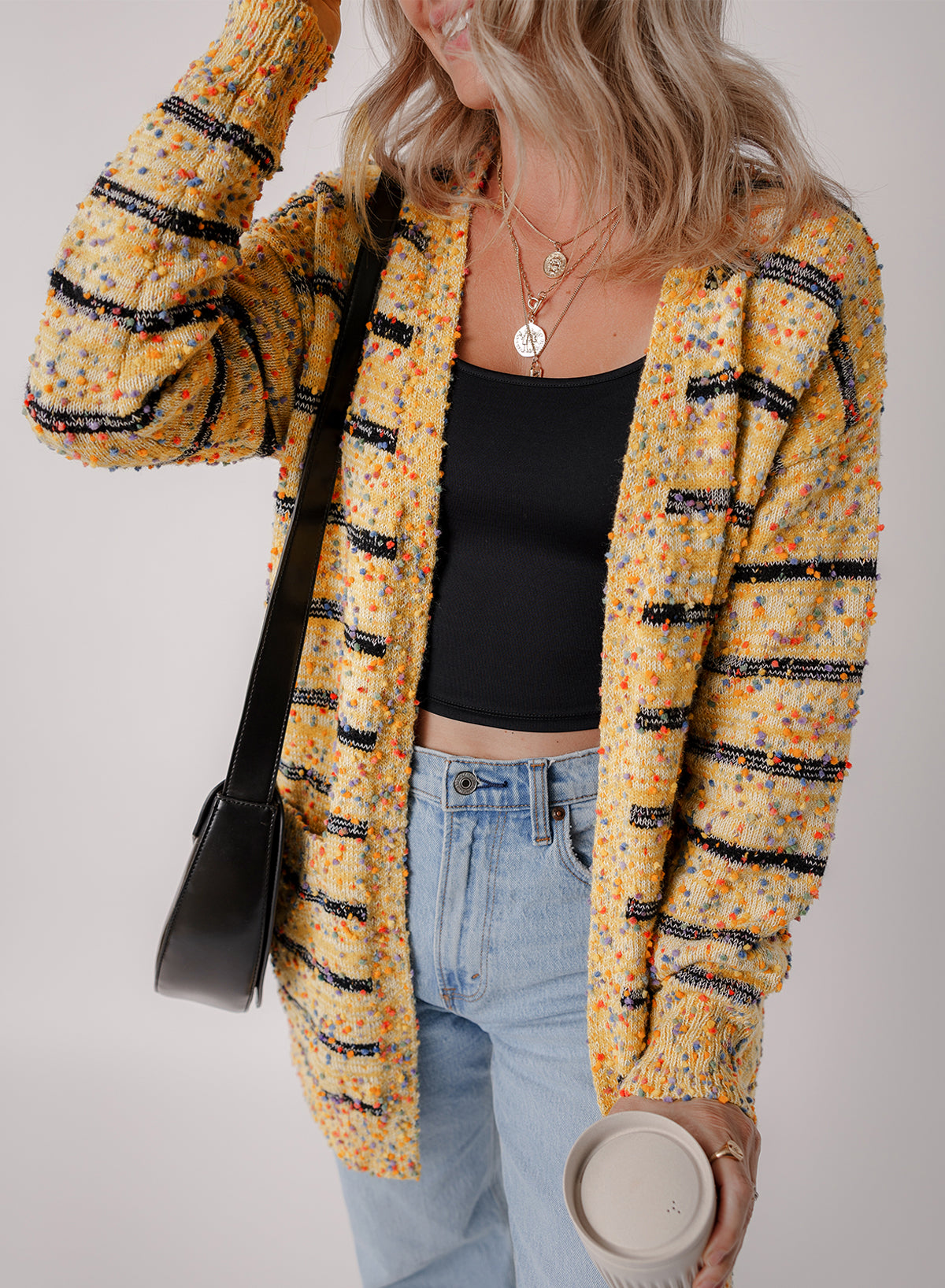 Beige Striped Pom Pom Knit Open Front Long Cardigan 🇨🇳