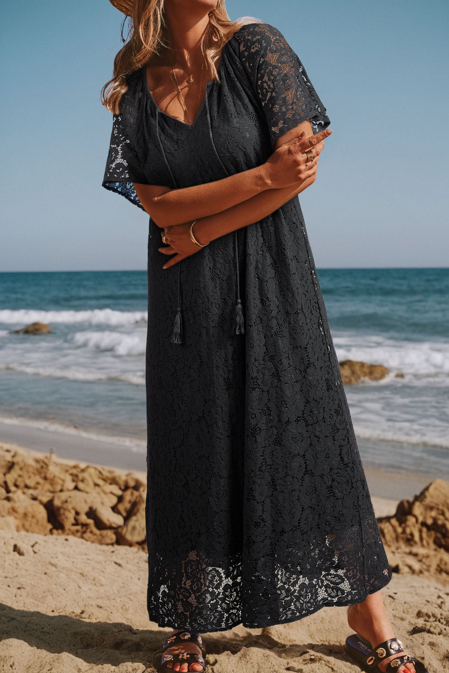 Black Floral Lace Overlay Tassel Tie Short Sleeve Beach Vacation Loose Maxi Dress 🇺🇸