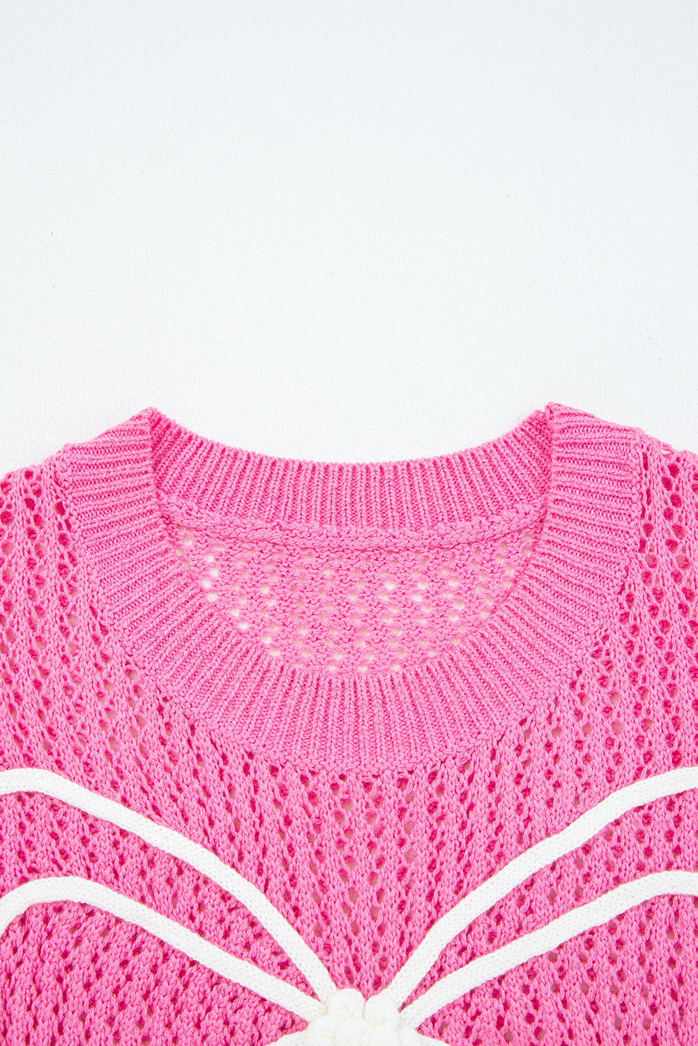 Sachet Pink Sweet Bow Decor Hollow Out Knitted Drop Shoulder Sweater 🇺🇲