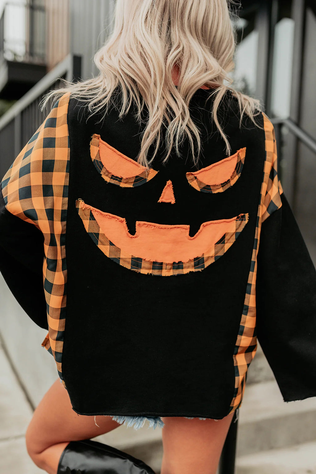 Black Patchwork Plaid Pumpkin Face Long Sleeve Top 🇺🇸