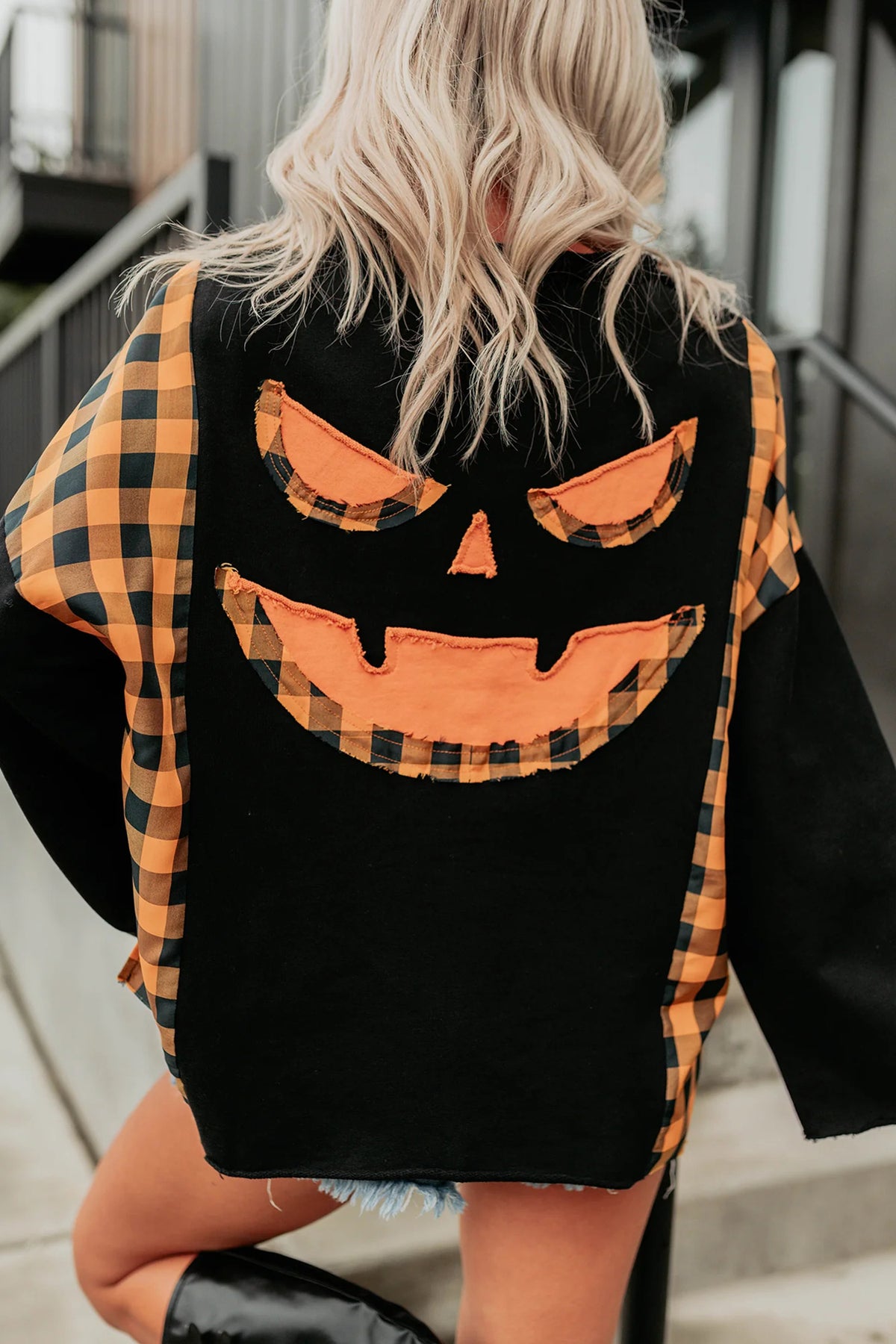 Black Patchwork Plaid Pumpkin Face Long Sleeve Top 🇺🇸