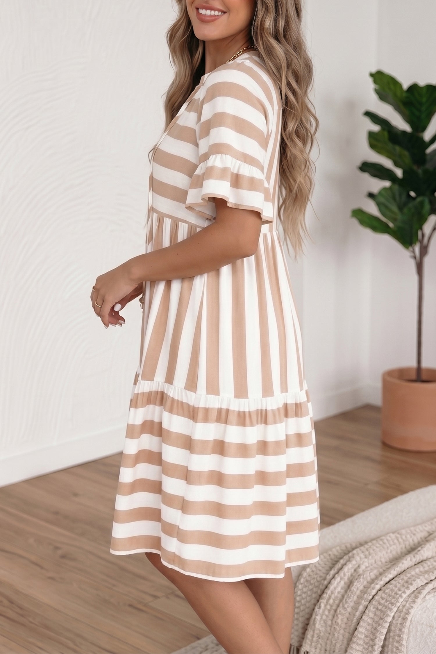 Khaki Stripe Tie V Neck Ruffle Trim Short Sleeve Flared Summer Dress 🇺🇸