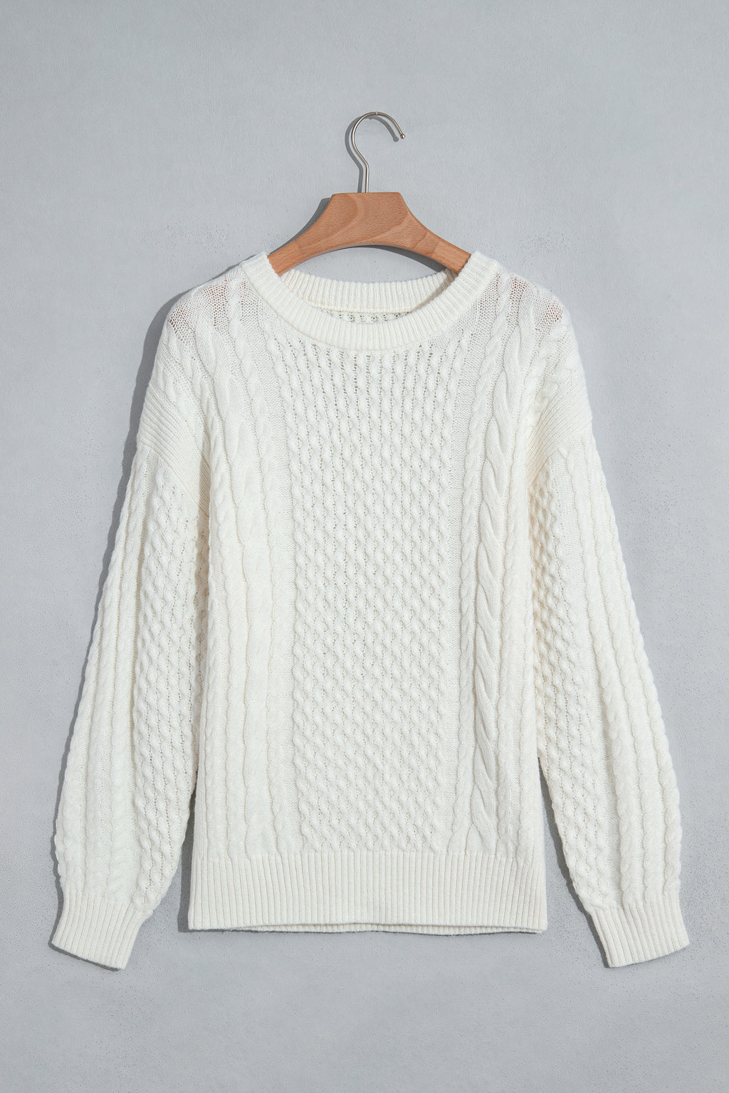 Beige Solid Color Cable Detail Knit Loose Round Neck Sweater 🇺🇸