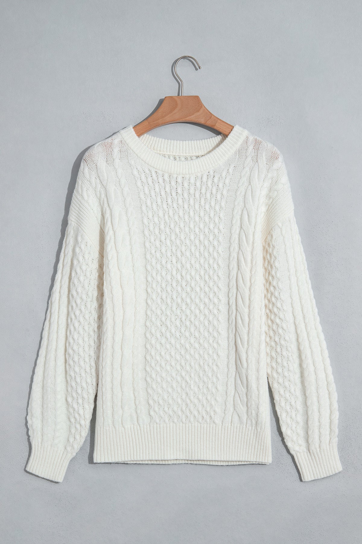 Beige Solid Color Cable Detail Knit Loose Round Neck Sweater 🇺🇸