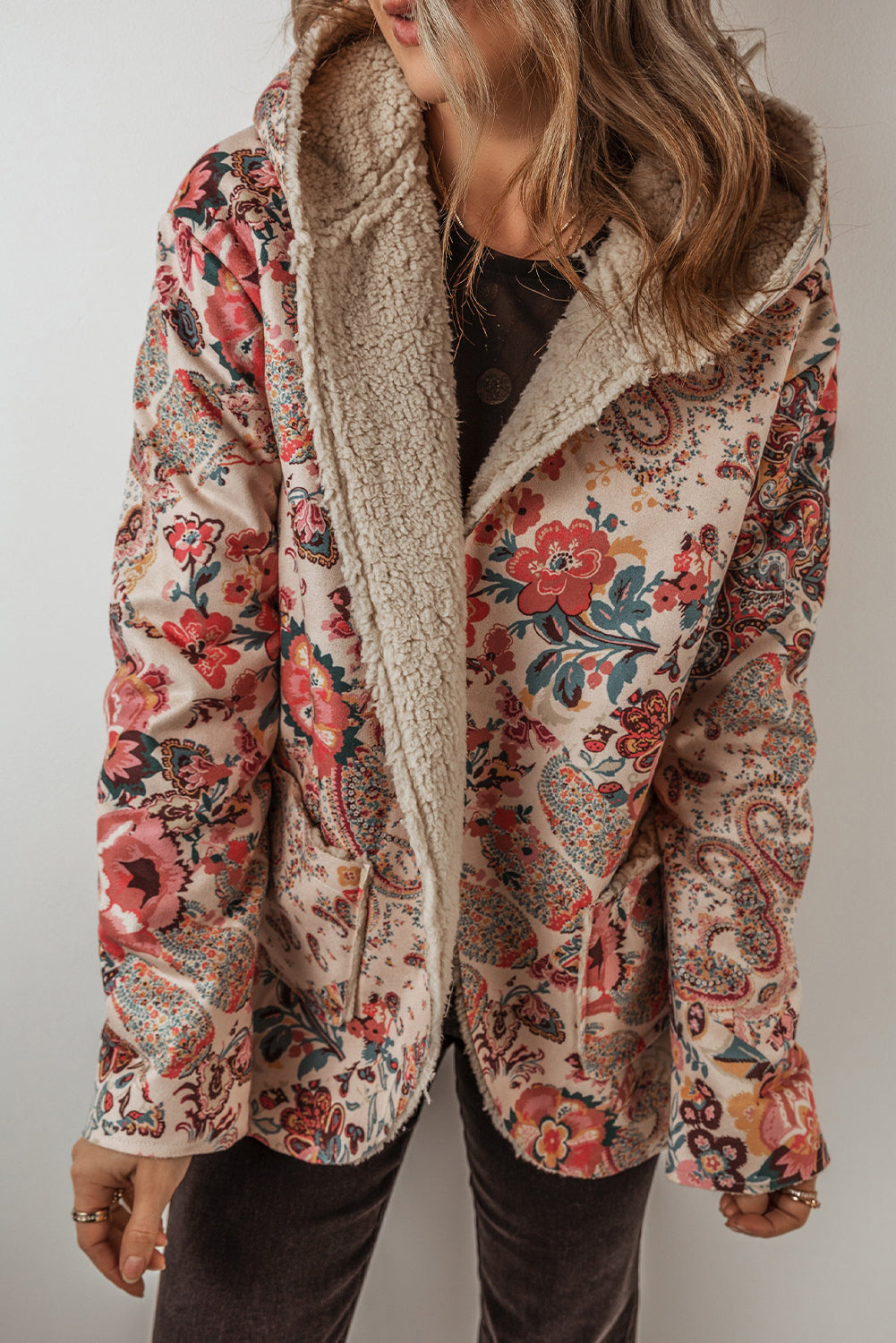 Beige Vintage Paisley Floral Printed Sherpa Lined Hooded Jacket 🇺🇲