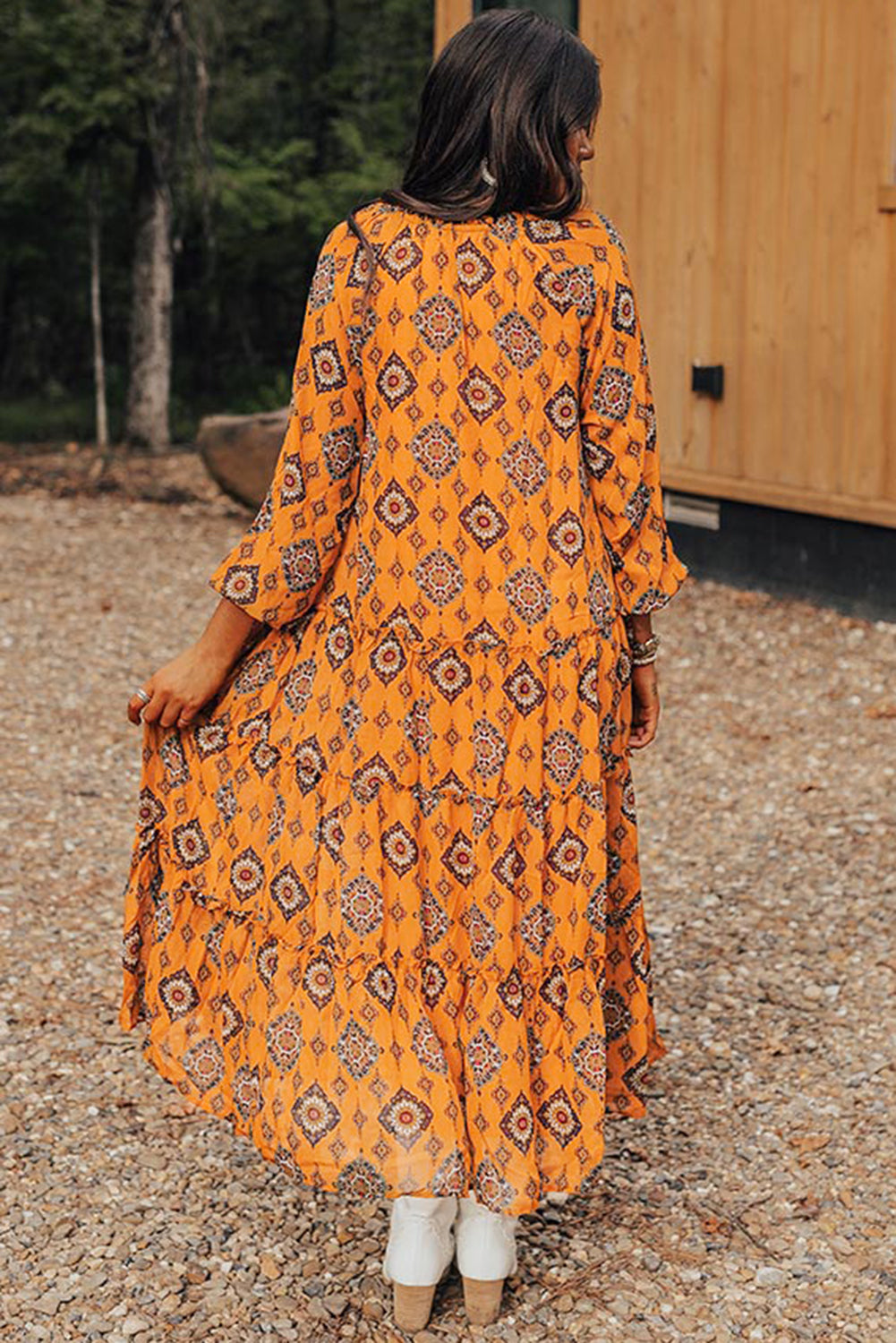 Orange Western Geometric Print Tiered Frilled Loose Fit Midi Dress 🇺🇲