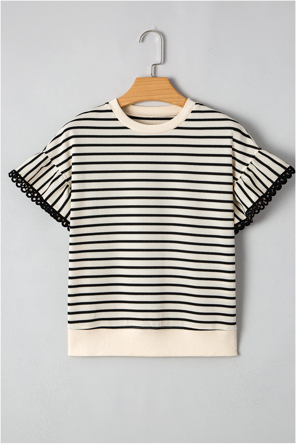 Black Stripe Scallop Lace Trim Ruffle Short Sleeves Crewneck Top 🇺🇲