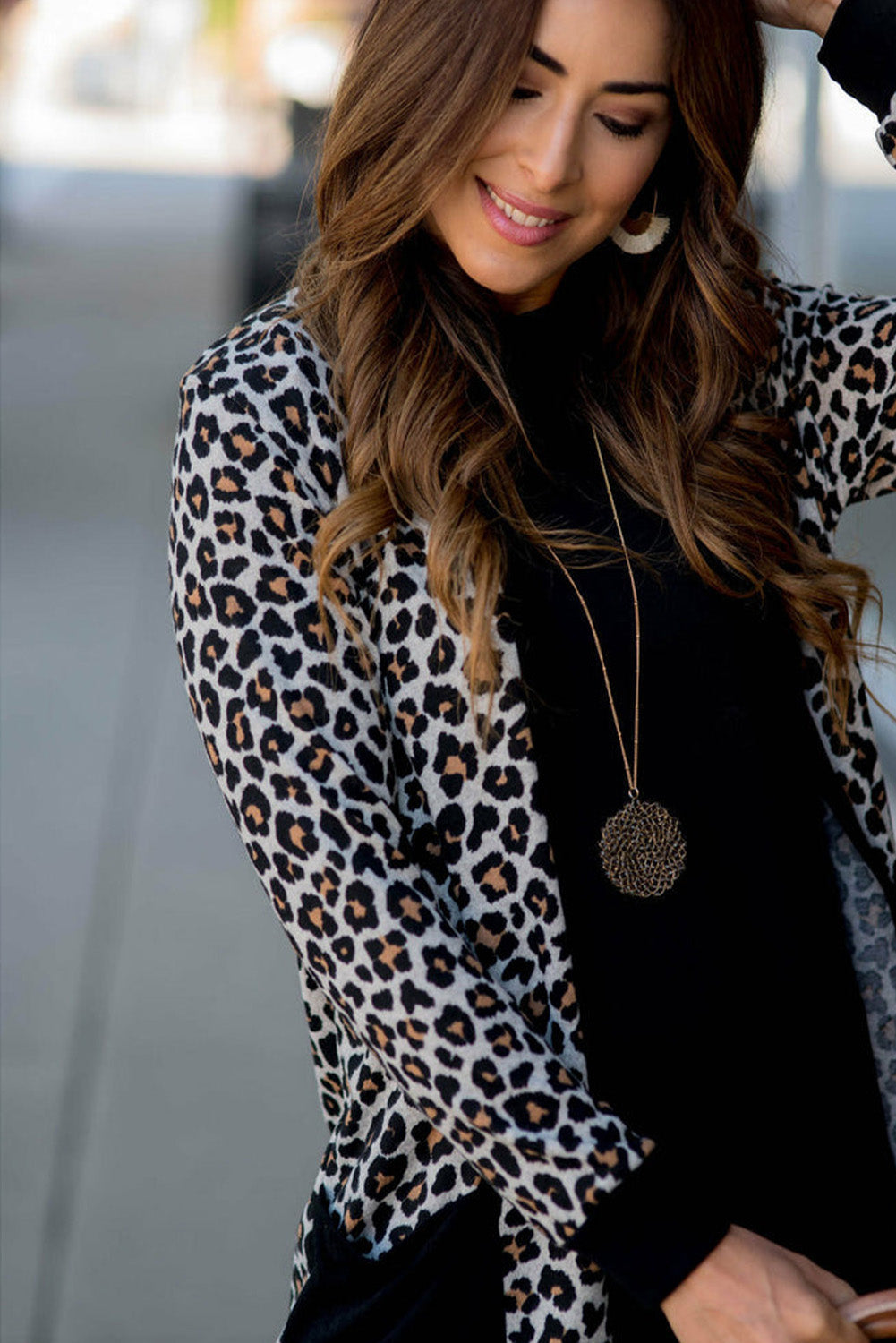 Black Leopard Patched Pocket Open Front Cardigan 🇺🇸