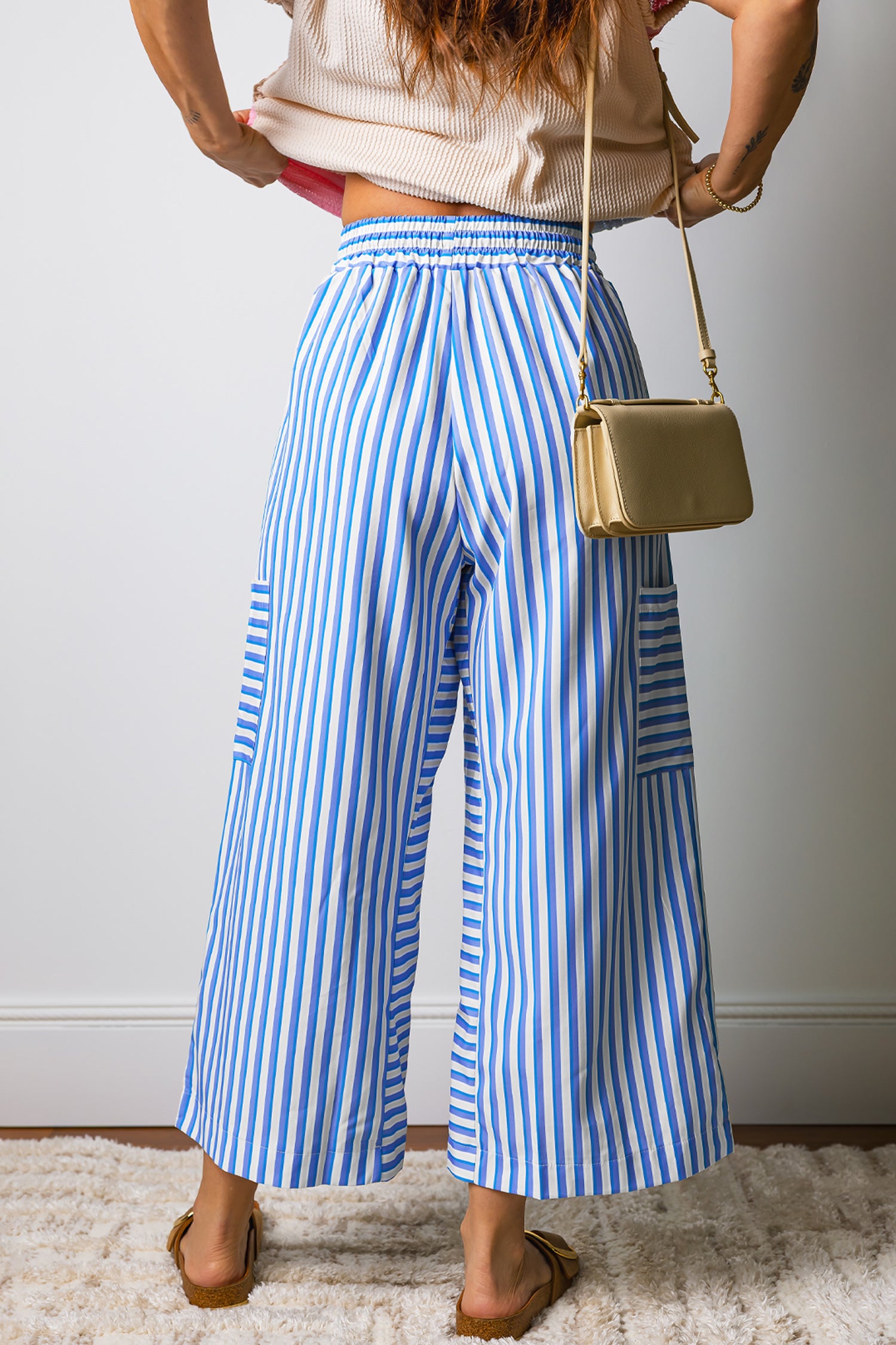 Sky Blue Stripe Drawstring Elastic Waist Patch Pocket Wide Leg Ankle-length Pants 🇺🇸