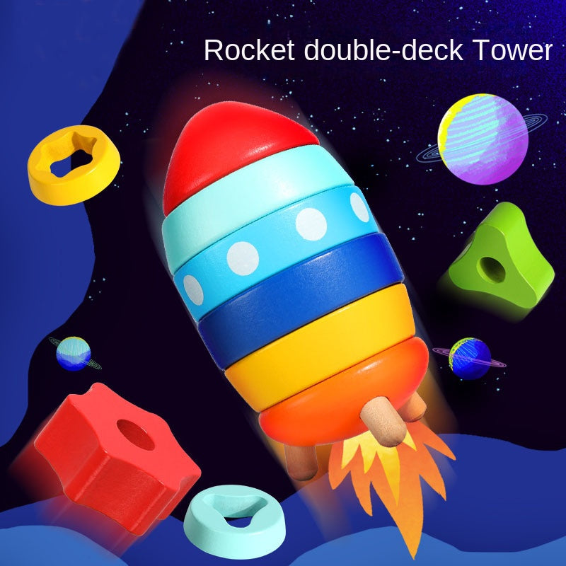 Stacked Rocket Wooden Children's Shape Matching Cognitive Geometry Toy Rainbow Tower Circle Stacked Music Collar Ring 🇨🇳