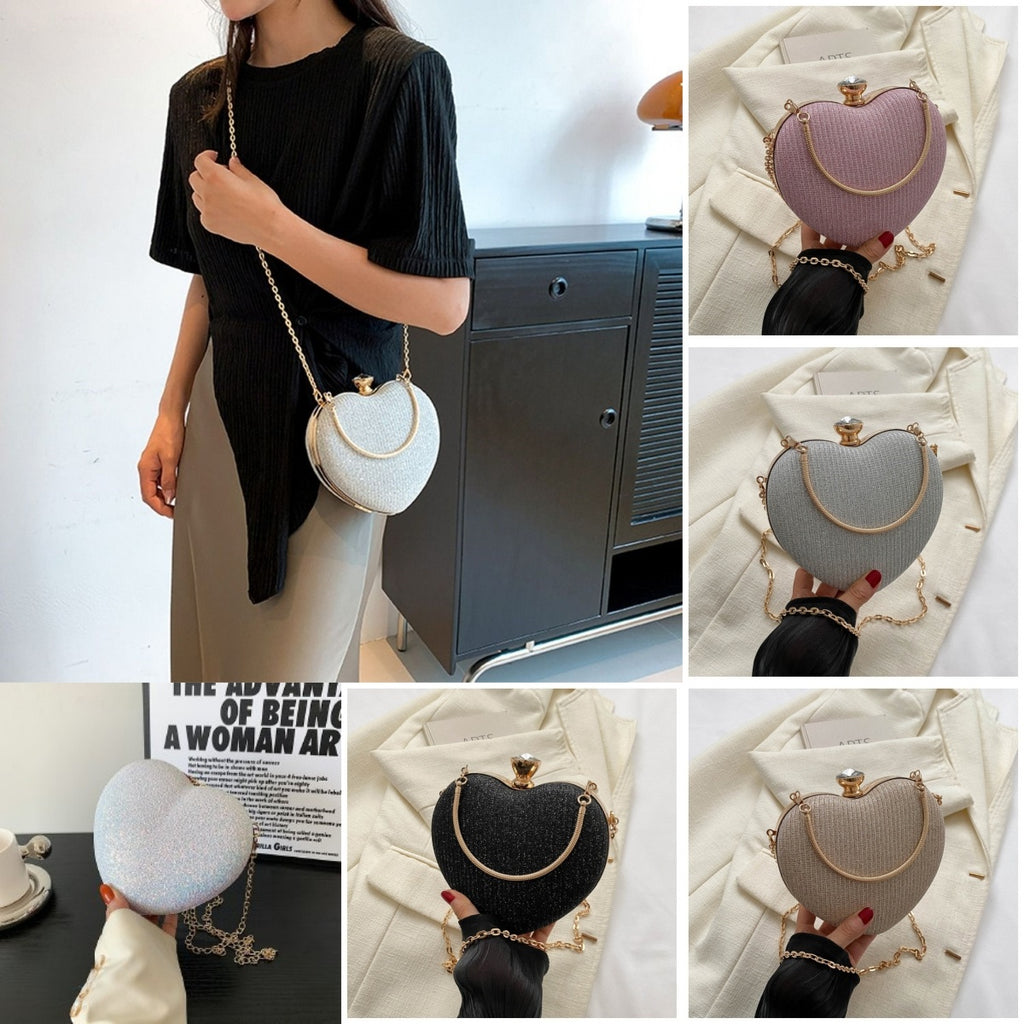Evening Clutch Bag Women Bag Shiny Handbag Heart Shape Metal Clutches Bag Fashion Chain Shoulder Crossbody Bag Luxury Lady Purse Valentines Day Outfit 🇨🇳