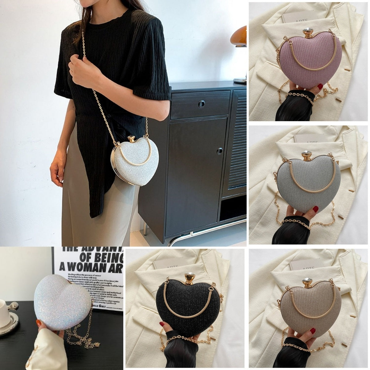 Evening Clutch Bag Women Bag Shiny Handbag Heart Shape Metal Clutches Bag Fashion Chain Shoulder Crossbody Bag Luxury Lady Purse Valentines Day Outfit 🇨🇳