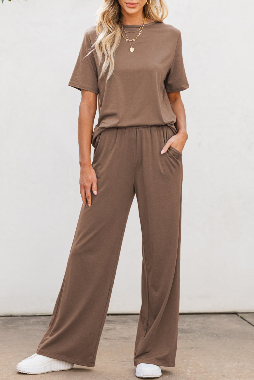 Smoke Gray Solid Color T Shirt 2pcs Wide Leg Pants Set 🇺🇸