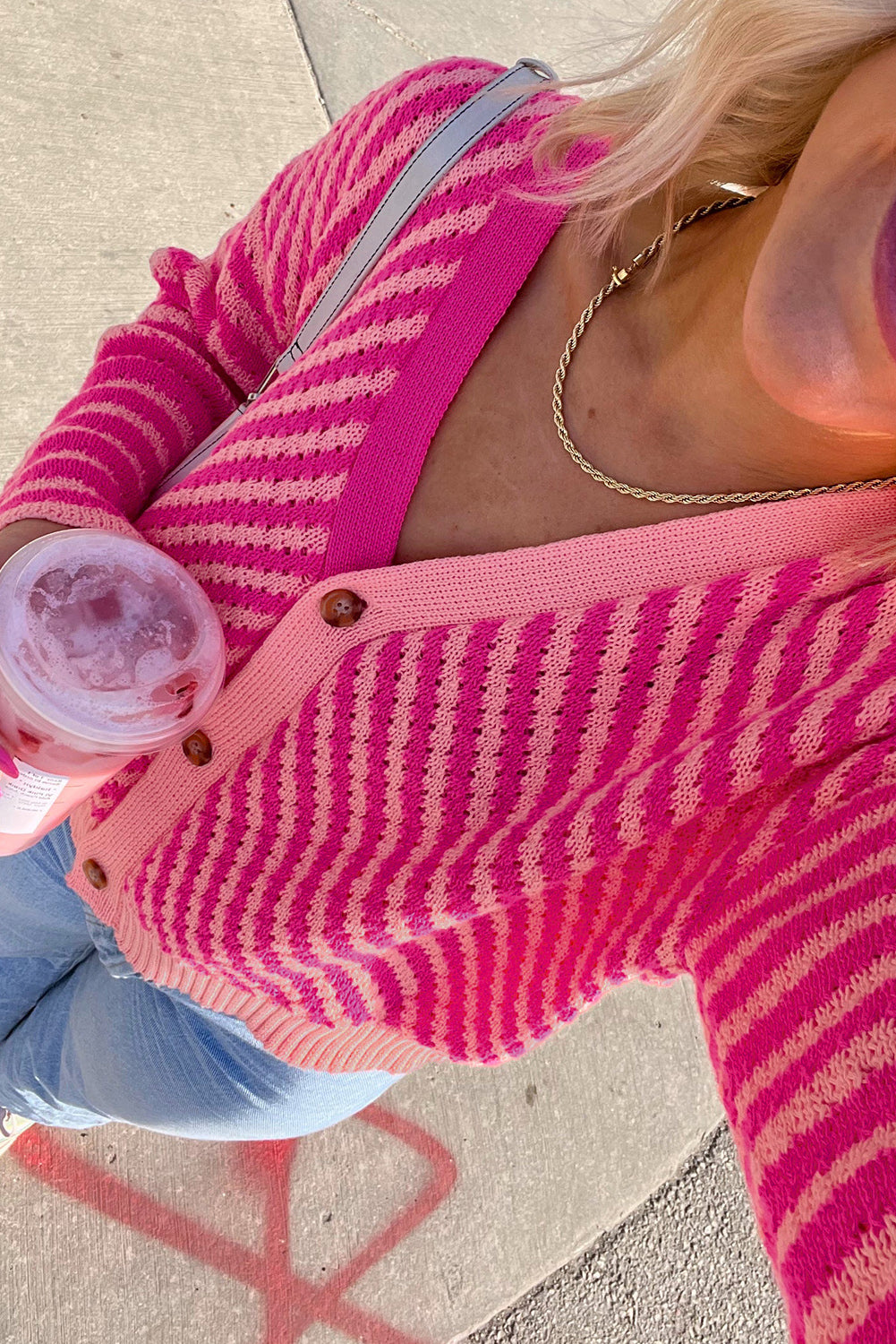 Pink Striped Buttoned V Neck Drop Shoulder Cardigan 🇨🇳