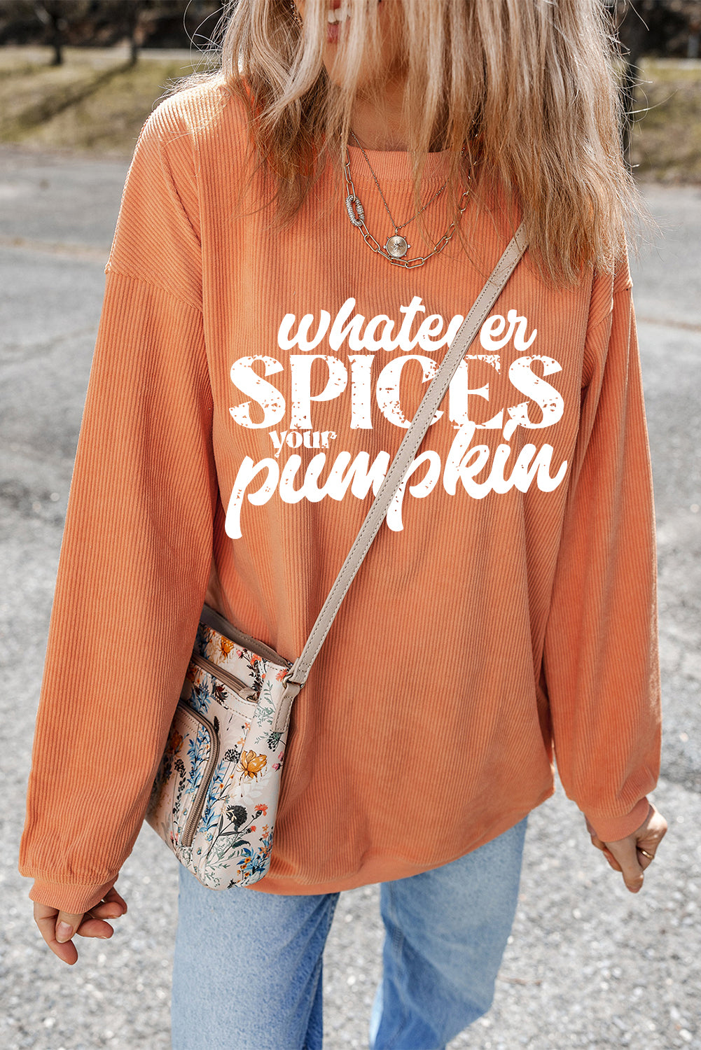 Orange Whatever Spices Your Pumpkin Graphic Corded Pullover Sweatshirt 🇺🇸