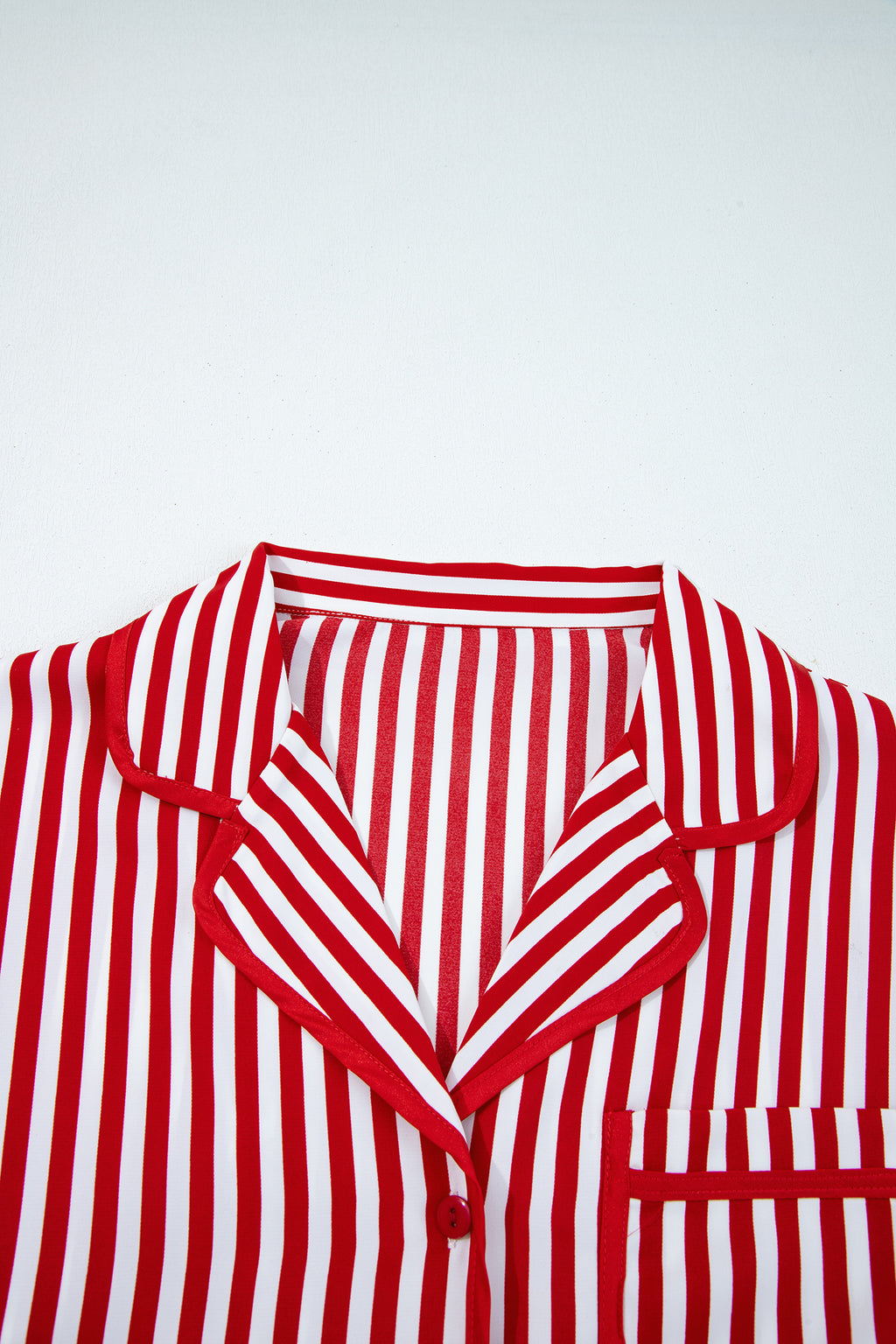 Red Stripe Contrast Velvet Trim Bow Knot Waist 2pcs Pajama Set 🇺🇸