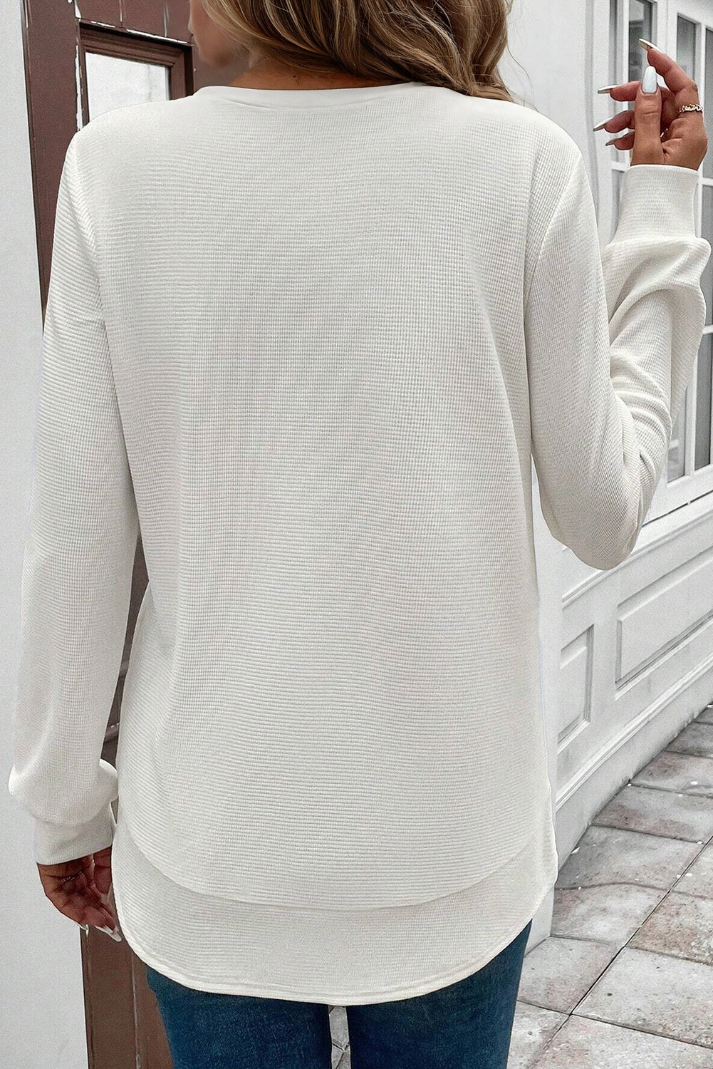 White Rounded Hem Waffle Long Sleeve Top 🇺🇸
