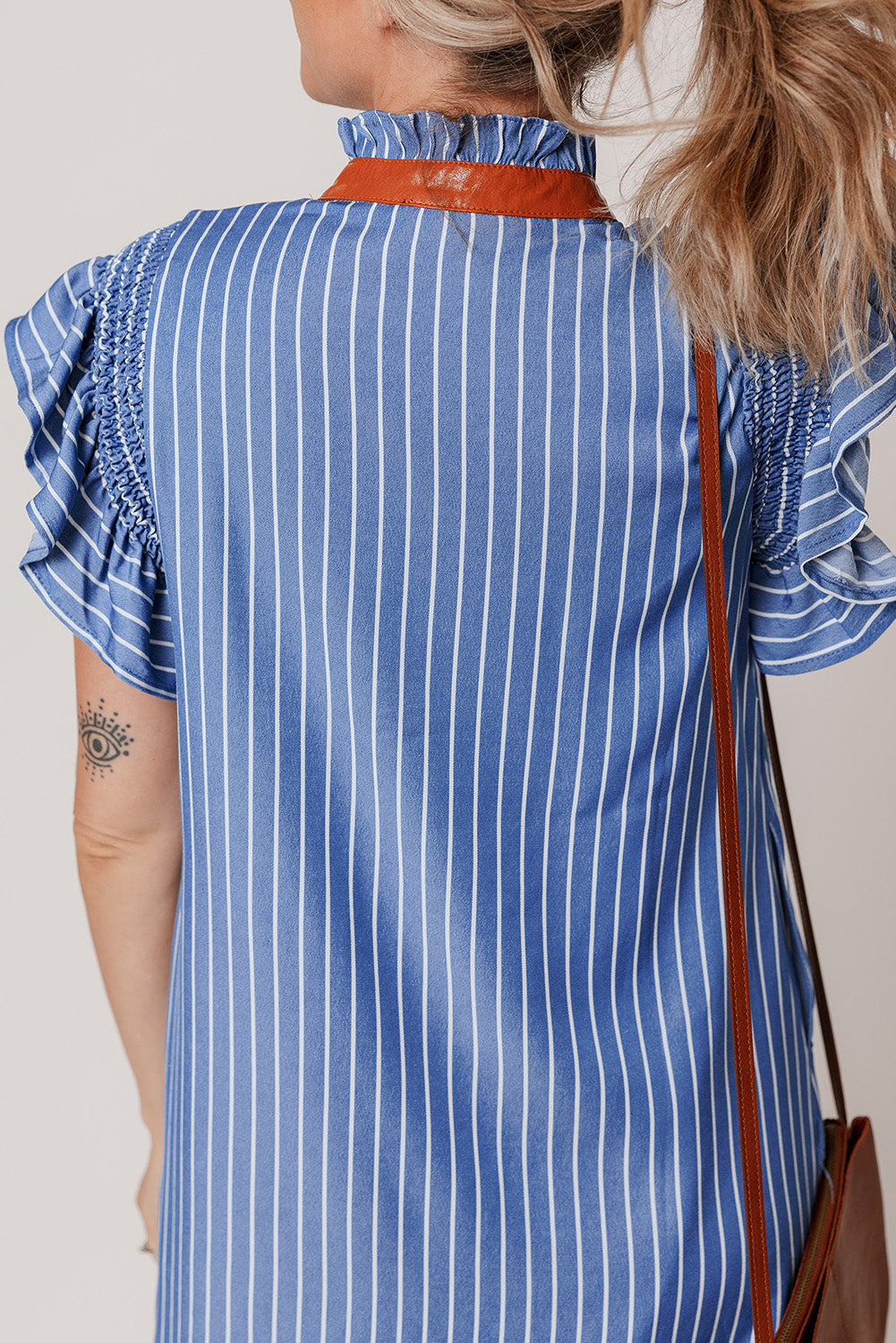 Sky Blue Stripe Frilly Split Neck Shirred Ruffle Sleeve Short Shift Dress 🇨🇳