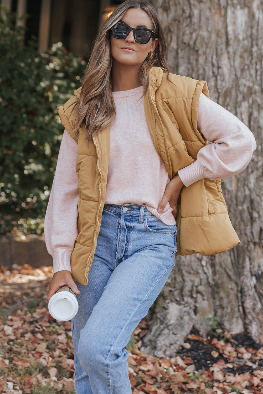 Khaki Oversized Stand Collar Zip Winter Vest 🇺🇸