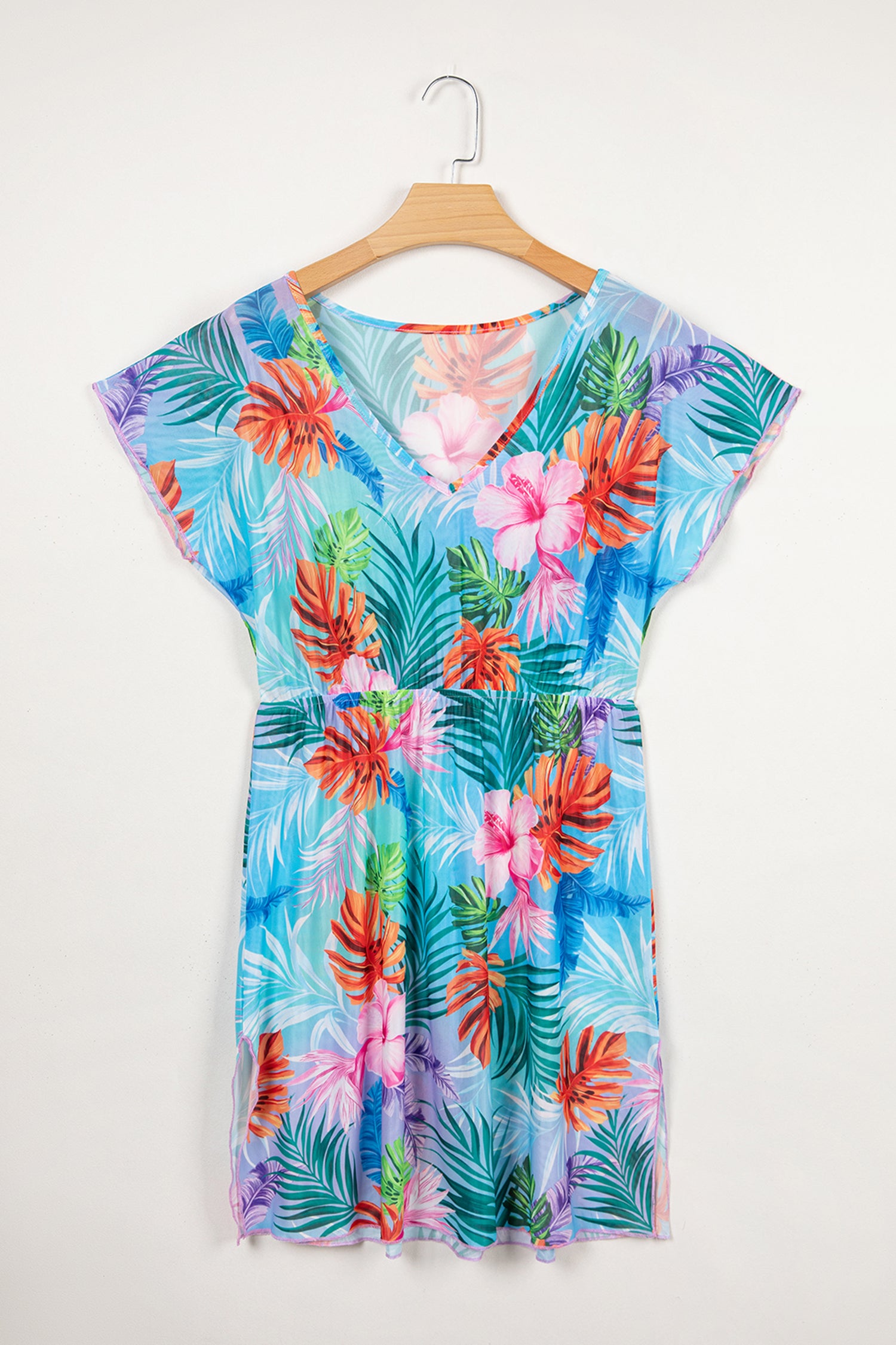 Sky Blue Tropical Print V Neck Semi Sheer Beach Cover Up Dress 🇺🇸