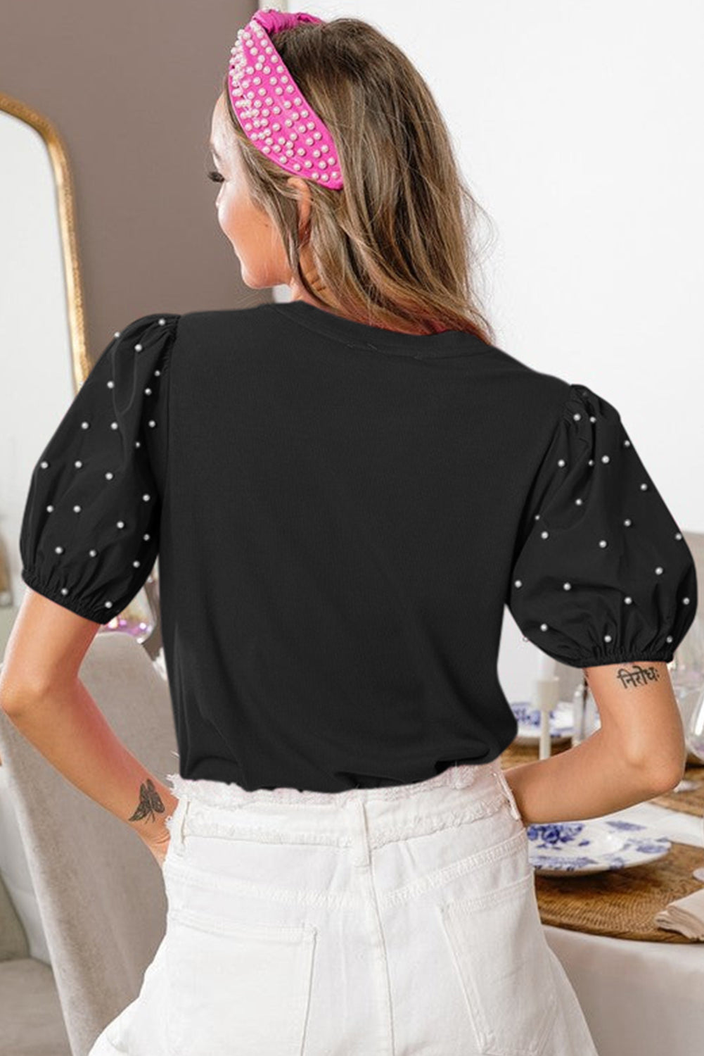 Black Ribbed Pearl Beaded Puff Sleeve Top 🇨🇳