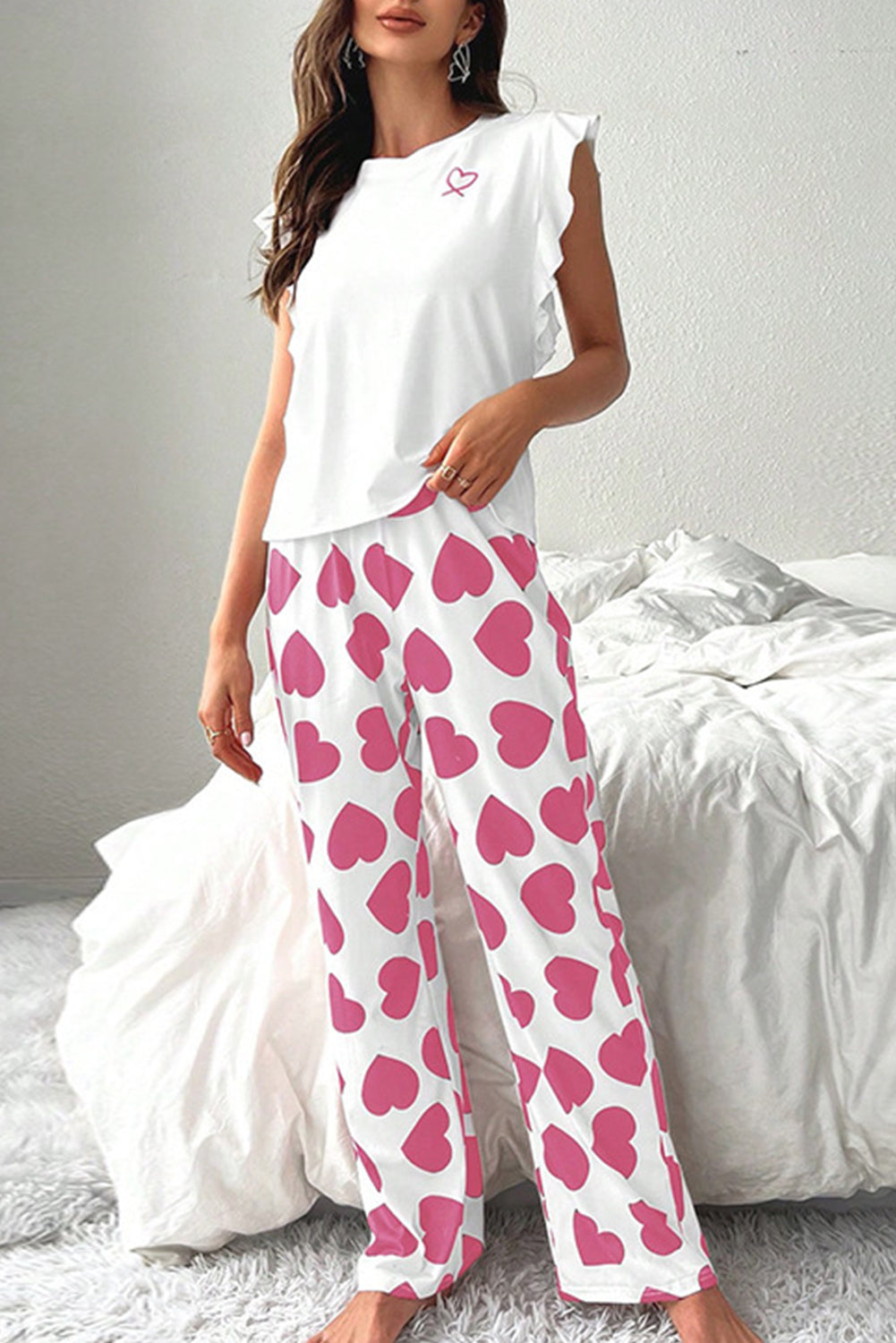 Pink Ruffled Tank Top And Heart Print Pants Lounge Set 🇺🇸