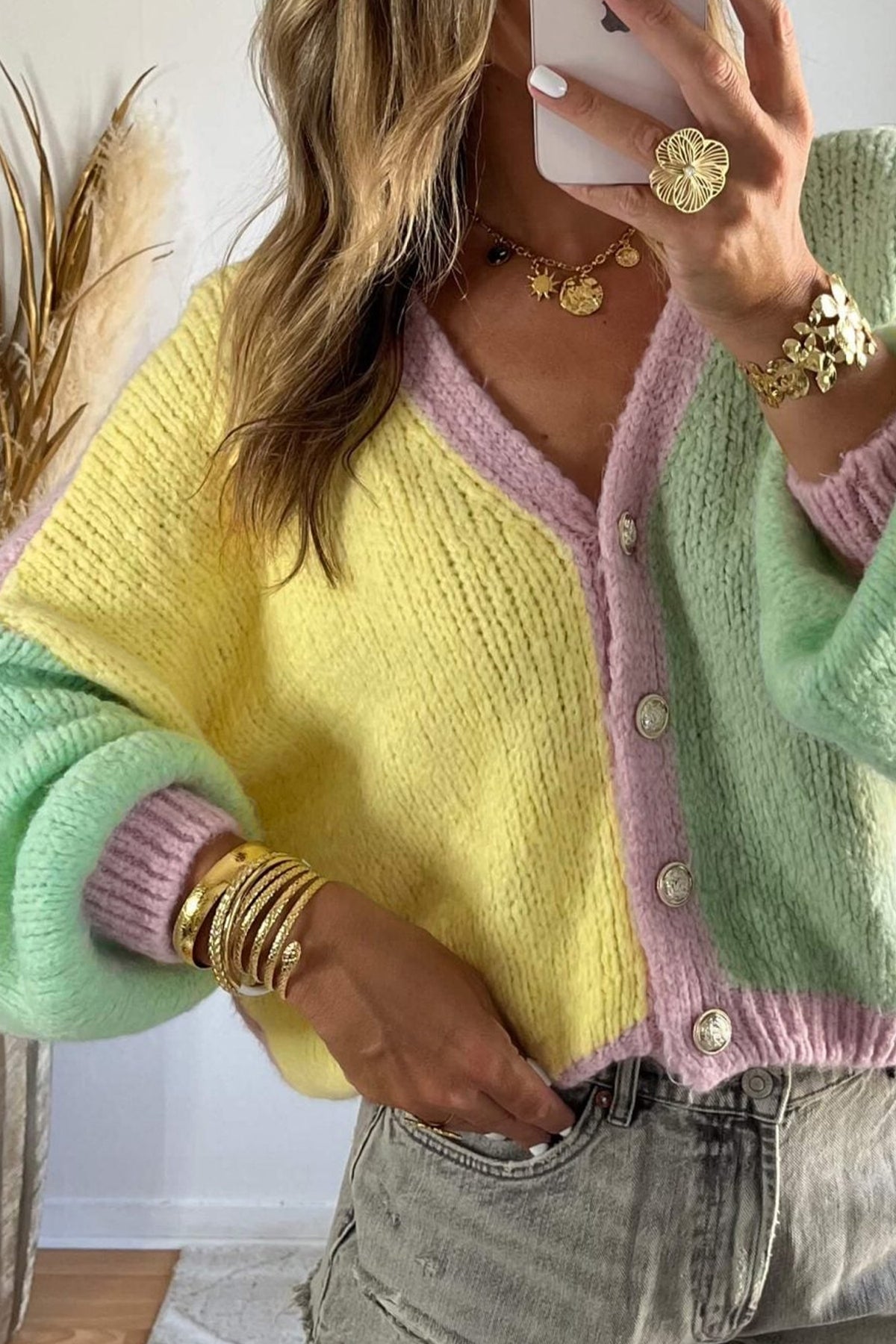 Yellow V Neck Drop Shoulder Patchwork Regular Wash Knitwear Cardigan 🇺🇸