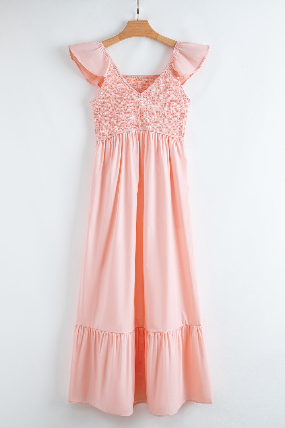 Pink V Neck Flutter Sleeve Smocked Bodice High Waist Ruffle Maxi Dress 🇨🇳