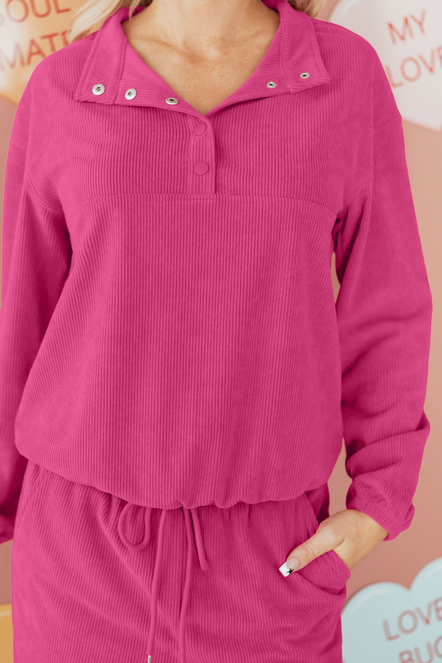 Peach Blossom Half Button Pullover Drawstring Pants Solid Color Corduroy 2pcs Outfit 🇺🇸