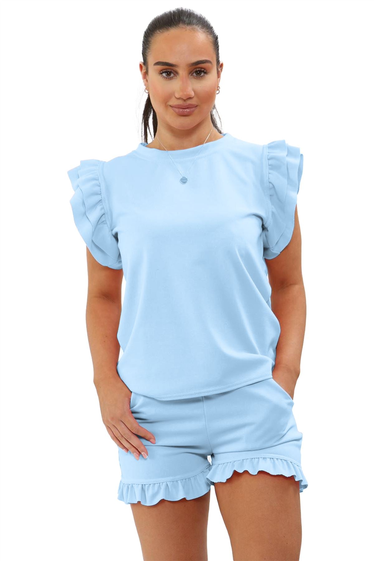 Ladies Frill Peplum Sleeve Top and Short 2 Piece Tracksuit Set 🇬🇧