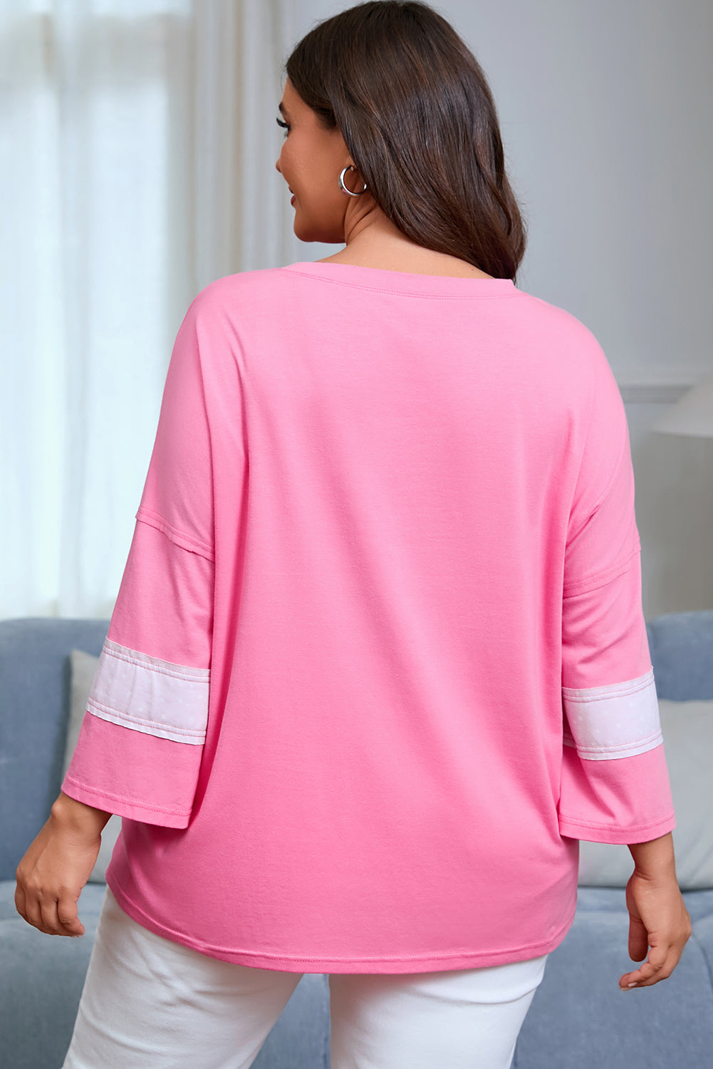 Pink Star Patched Colorblock Raw Edge Bracelet Sleeve Plus Size Loose Tee 🇺🇸