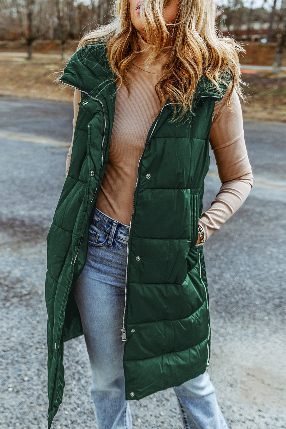 Green Hooded Long Quilted Vest Coat 🇺🇸